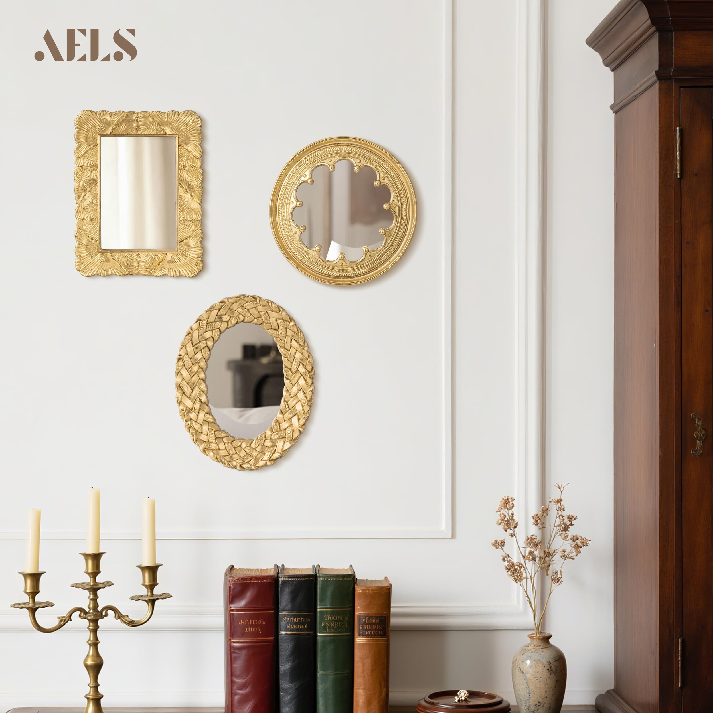 AELS Confezione da 3 piccoli specchi decorativi da parete in oro antico, decorazione da parete per la casa, set di 3 specchi decorativi da parete per soggiorno, ingresso e camera da letto