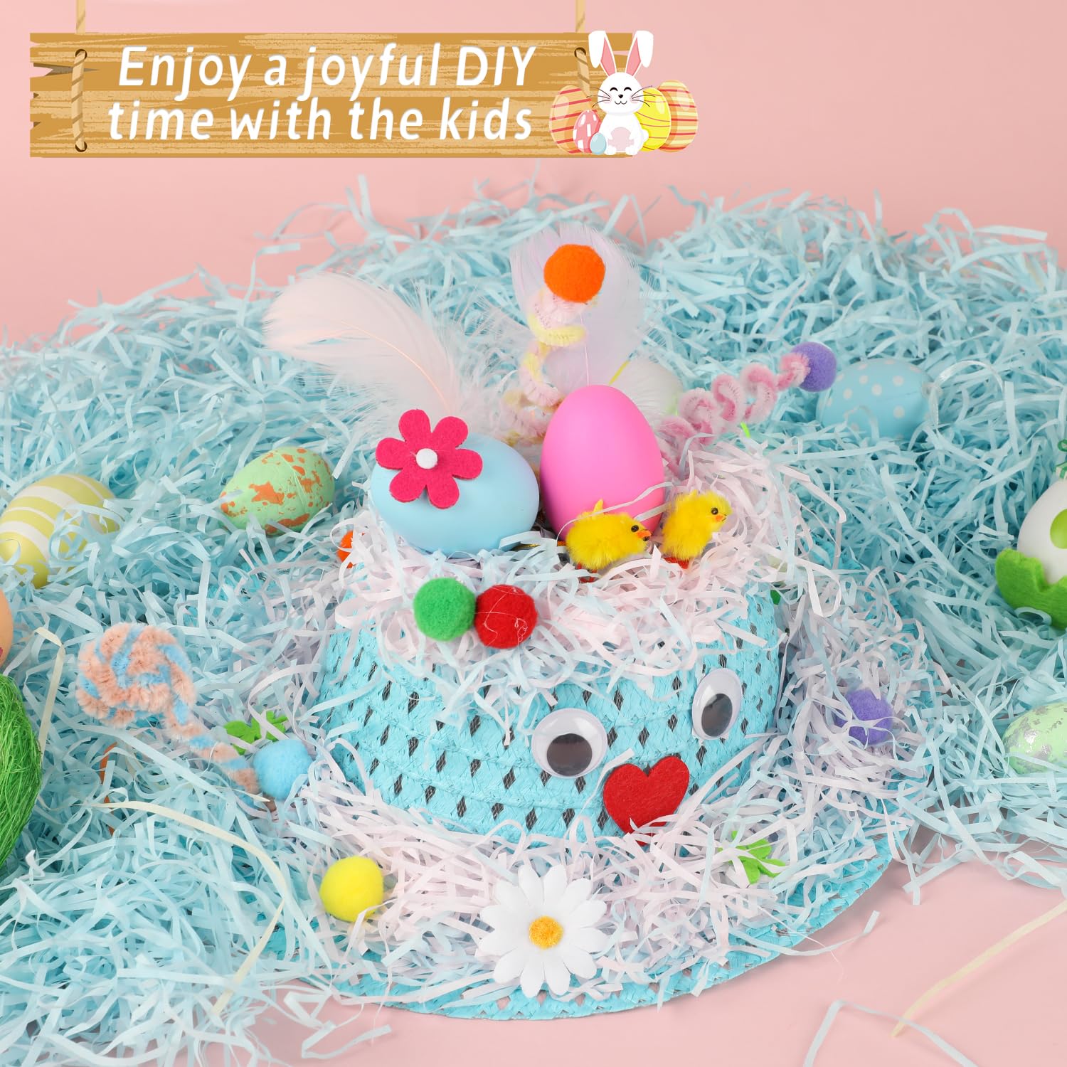 JOFONY Easter Bonnet Kit, DIY Easter Bonnet Kit Kids Easter Bonnet Hat Make Your Own Easter Hat, Easter Hat for Easter Craft Supplies(Blue) — view 3