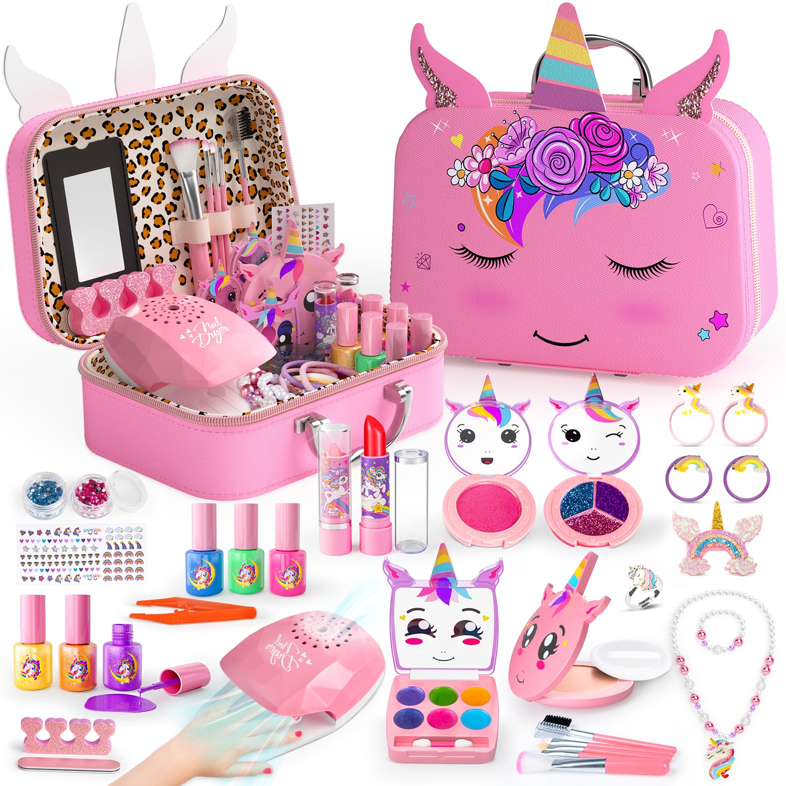 Kids Makeup Kit for Girl - 2 In 1 Kids Washable Makeup Toys & Nail Art Kit with Nail Dryer and Cosmetic Storage Case, Kids Play makeup for Girls, Real Girl Makeup Set for Ideal Gift Toys for 3-12 Year
