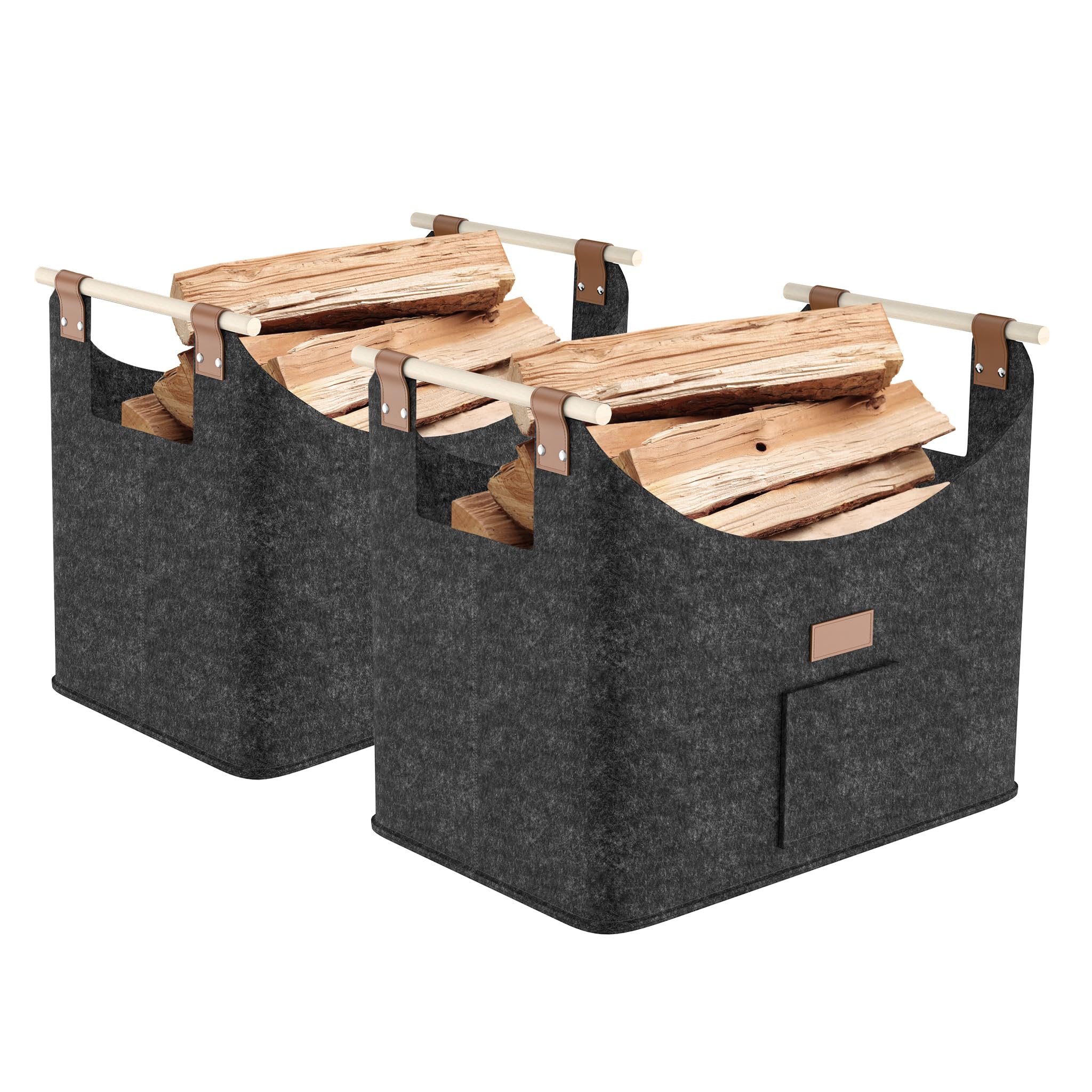 FIVMEN 2 bolsas de fieltro para leña de chimenea, plegables, con fieltro extra grueso y mango de madera reforzado, cesta de fieltro, cesta de la compra, periódicos, madera, color gris oscuro