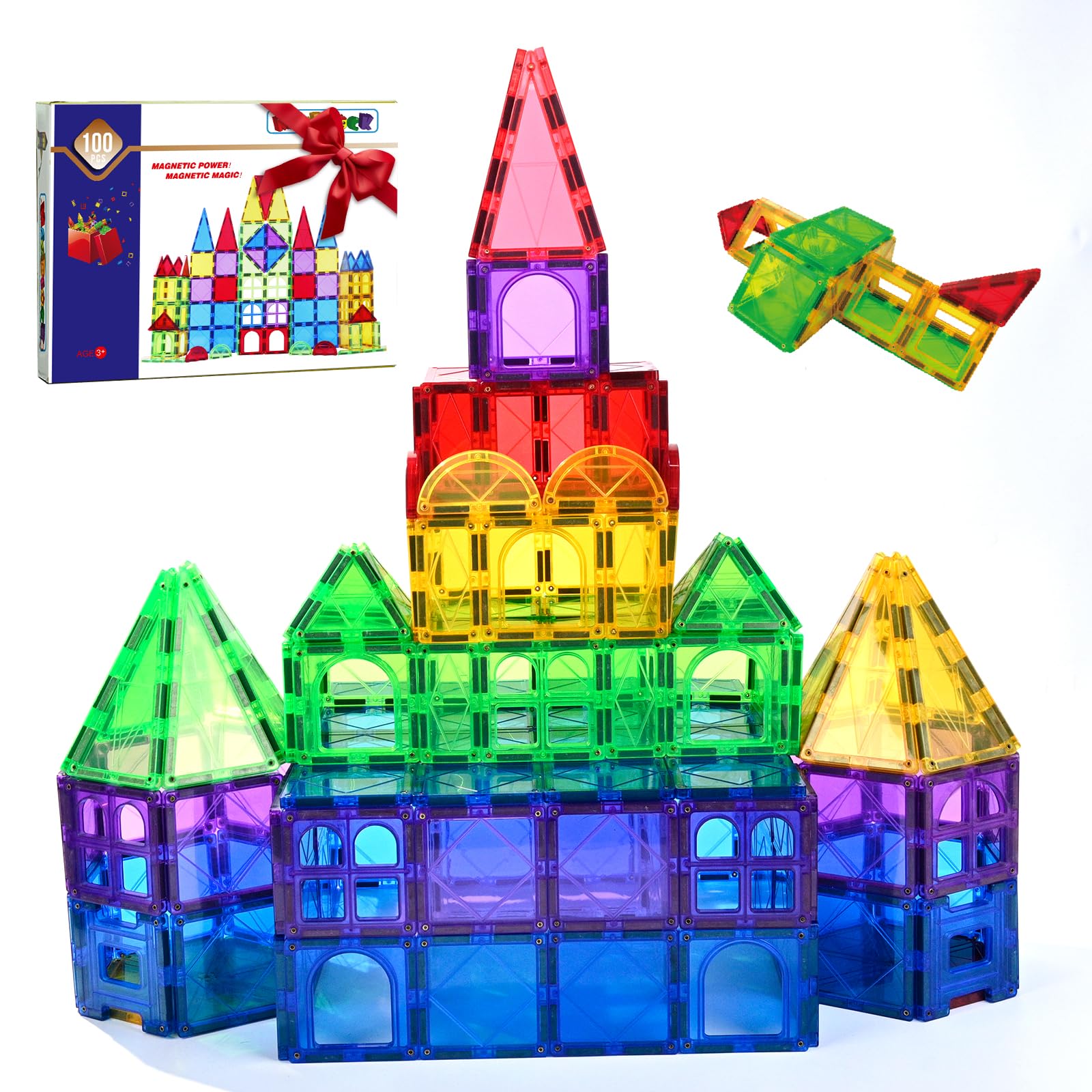 MAGBLOCK 100 Piece Magnetic Tiles,Building Blocks for Kids 3+ | Magnetic Blocks Preschool Building Sets Educational Toys for Kids Boys and Girls,shape & color recognition