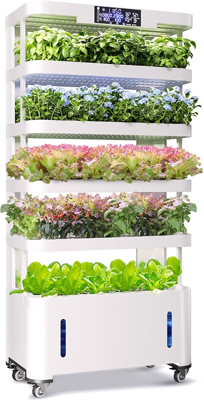 Sistema de cultivo hidropónico grande, torre vertical de jardín interior de 148 cápsulas | Torre hidropónica, luces de cultivo de espectro completo, bomba ultrasilenciosa, tanques de agua dobles, autogestión de 30 días para hogar y comercial
