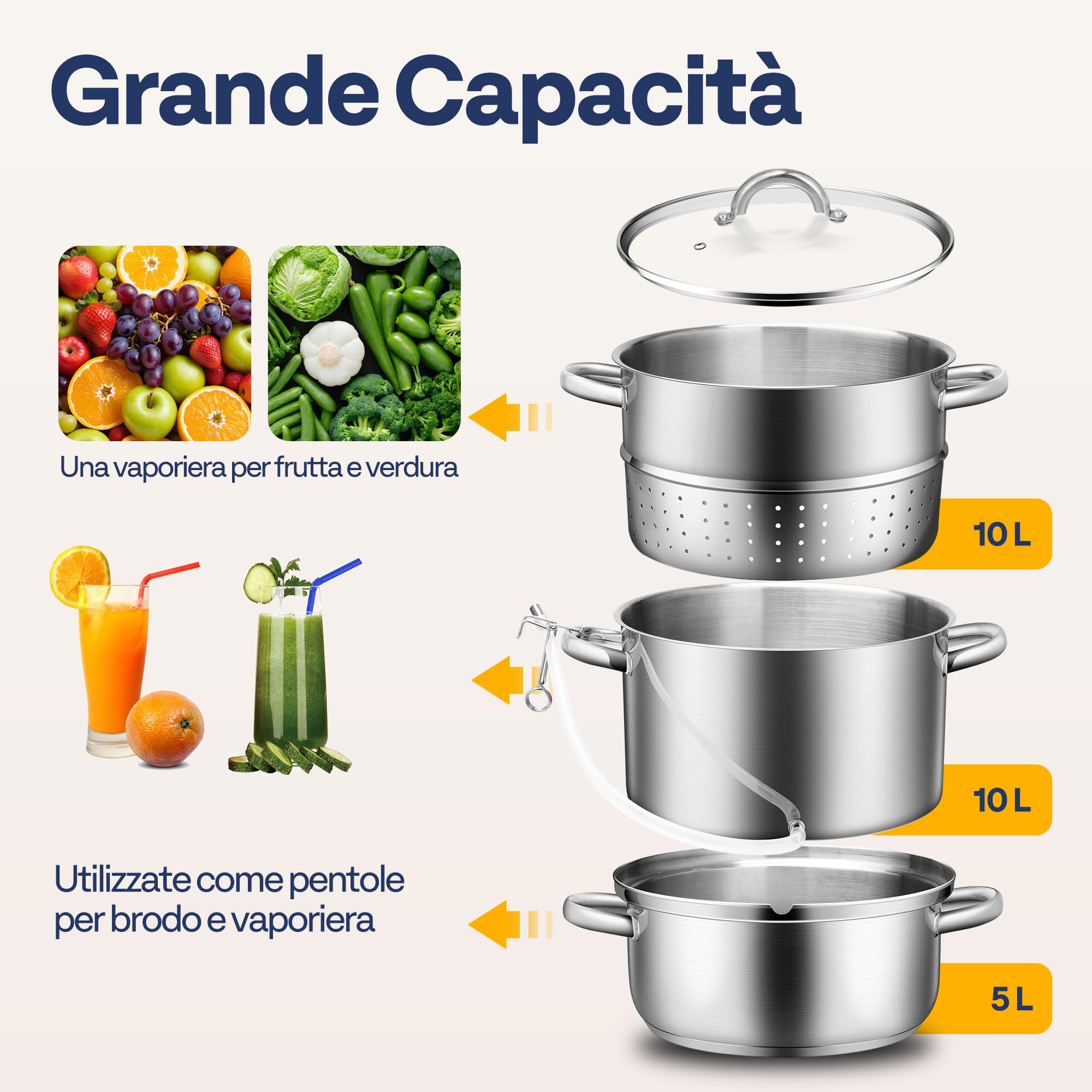 VIVOHOME Estrattore di Succo a Vapore 10L Inox con Coperchio in Vetro