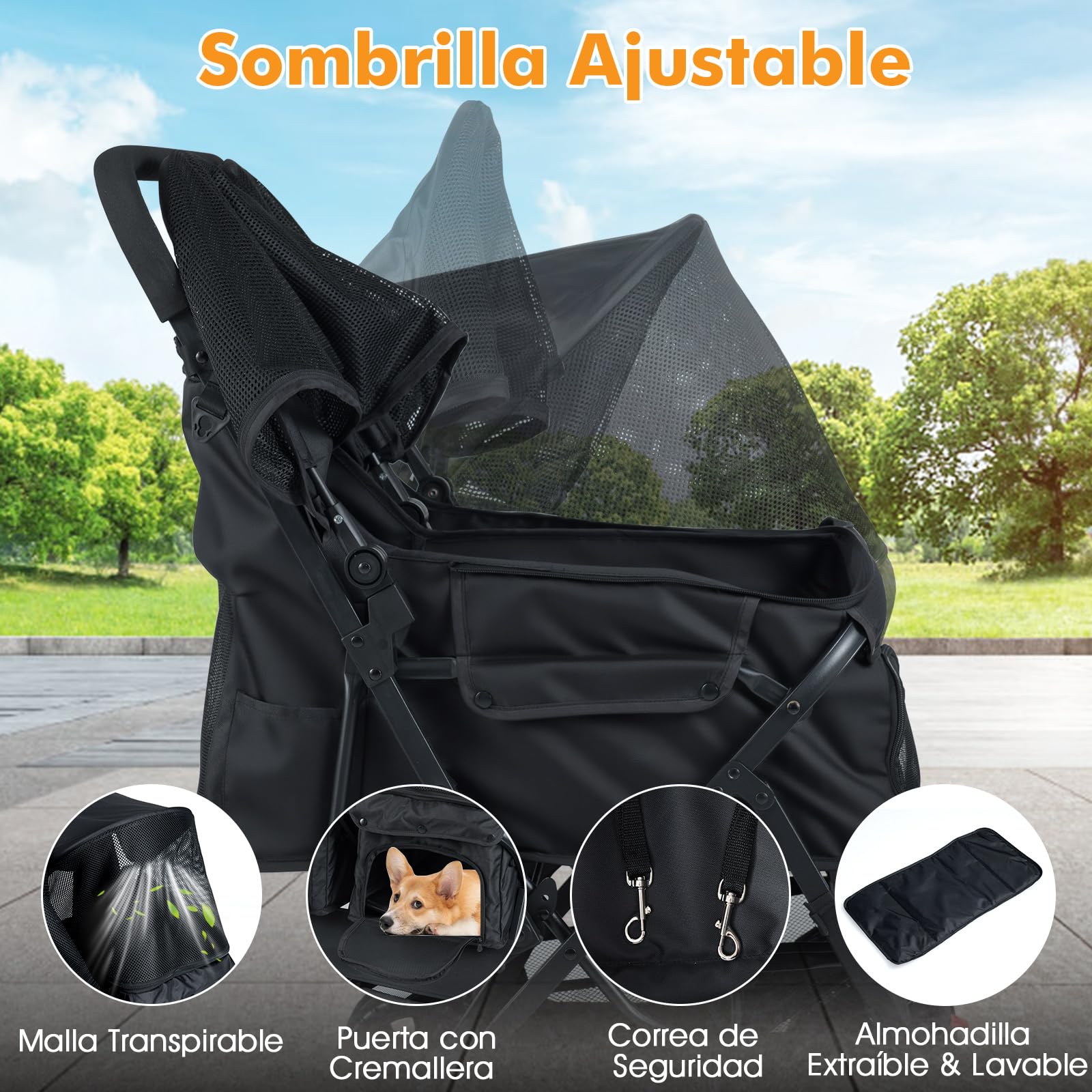 GYMAX Cochecito Doble para Perros Plegable, Cochecito Ligero para 2 Mascotas con Almacenaje y Protección Solar Ajustable, Coche para Gatos con Cinturón de Seguridad (Negro)