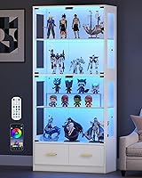 Lamtor 67" White Glass Curio Display Cabinet with RGB LED Lights, 4-Tier Adjustable Shelves & 2 Drawers for Collectibles