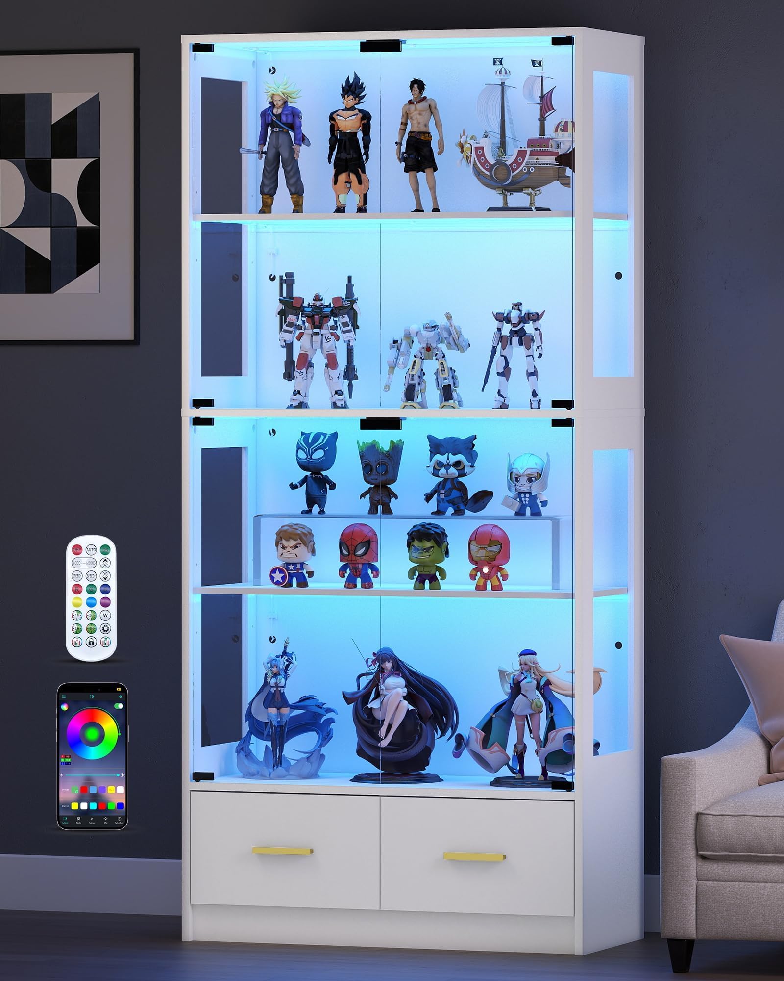 Lamtor Display Cabinet with Glass Doors - 67" Curio Cabinet for Collectibles with RGB LED Lights and 2 Drawers, 4 Tier Glass Display Case for Living Room, Office, Snow White