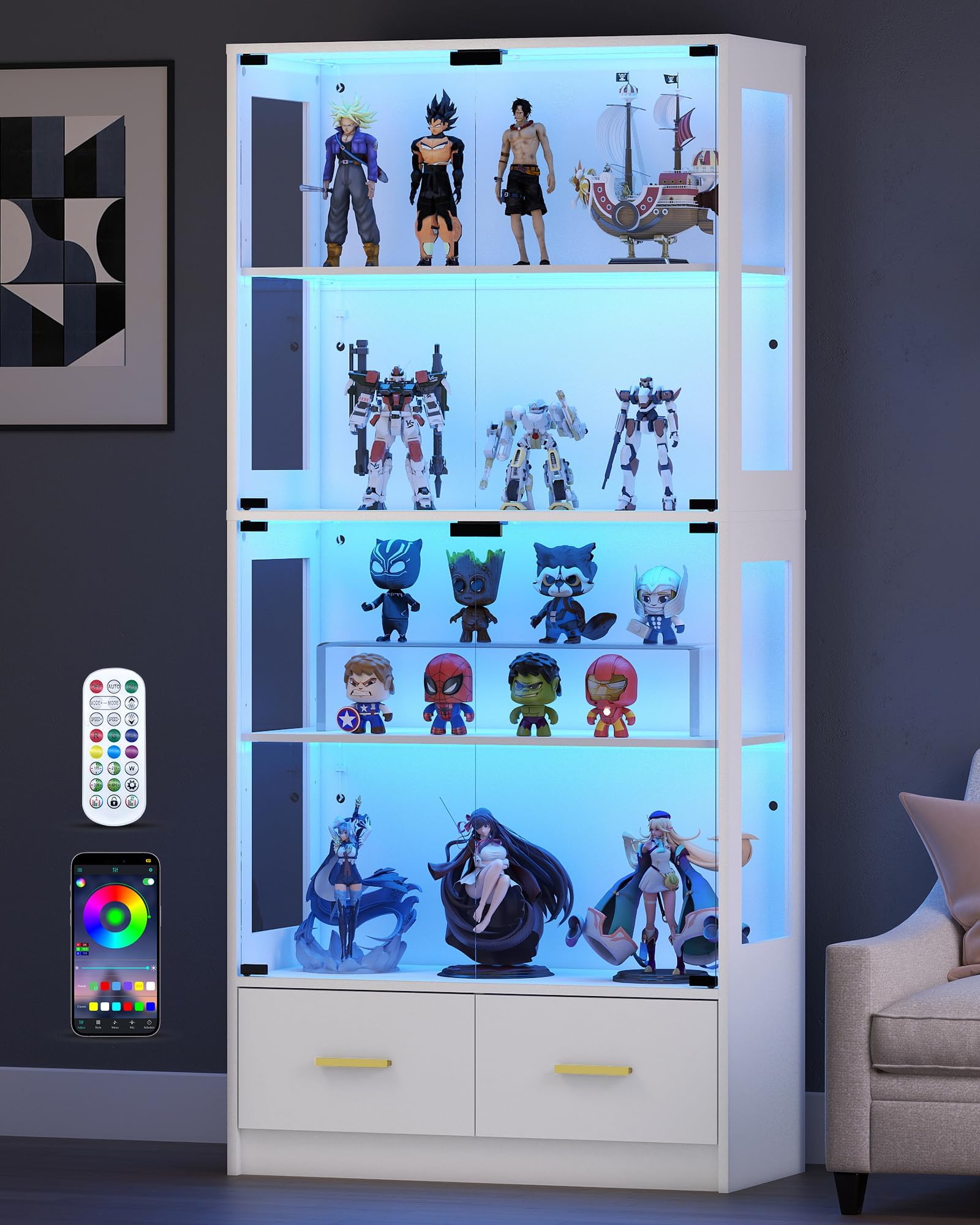 Display Cabinet with Glass Doors - 67" Curio Cabinet for Collectibles with RGB LED Lights and 2 Drawers, 4 Tier Glass Display Case for Living Room, Office, White