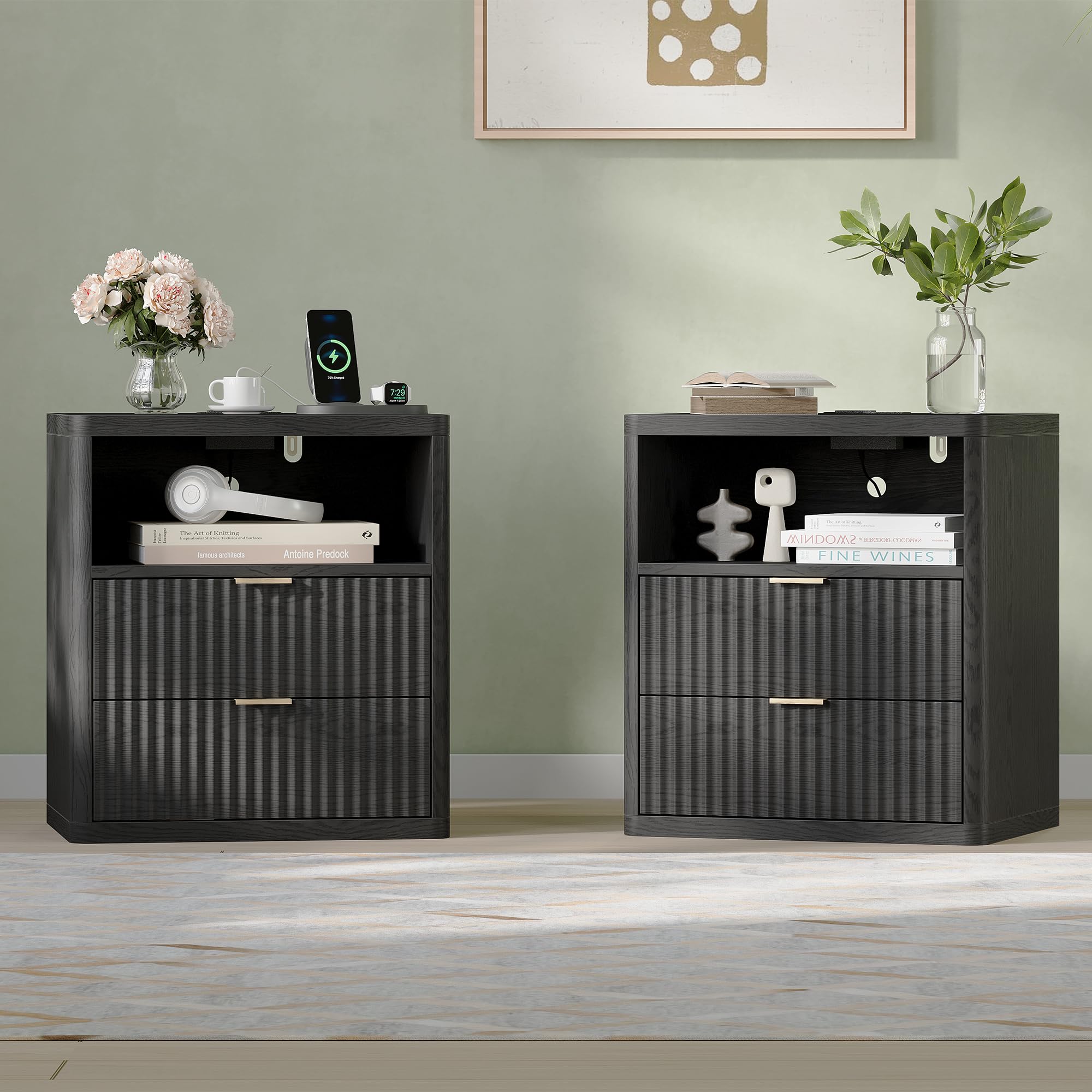 Fluted Nightstand Set of 2 with Charging Station, 21.7" Wide Modern Night Stand with 2 Drawers Open Storage Cabinet, Wooden Bedside End Table for
