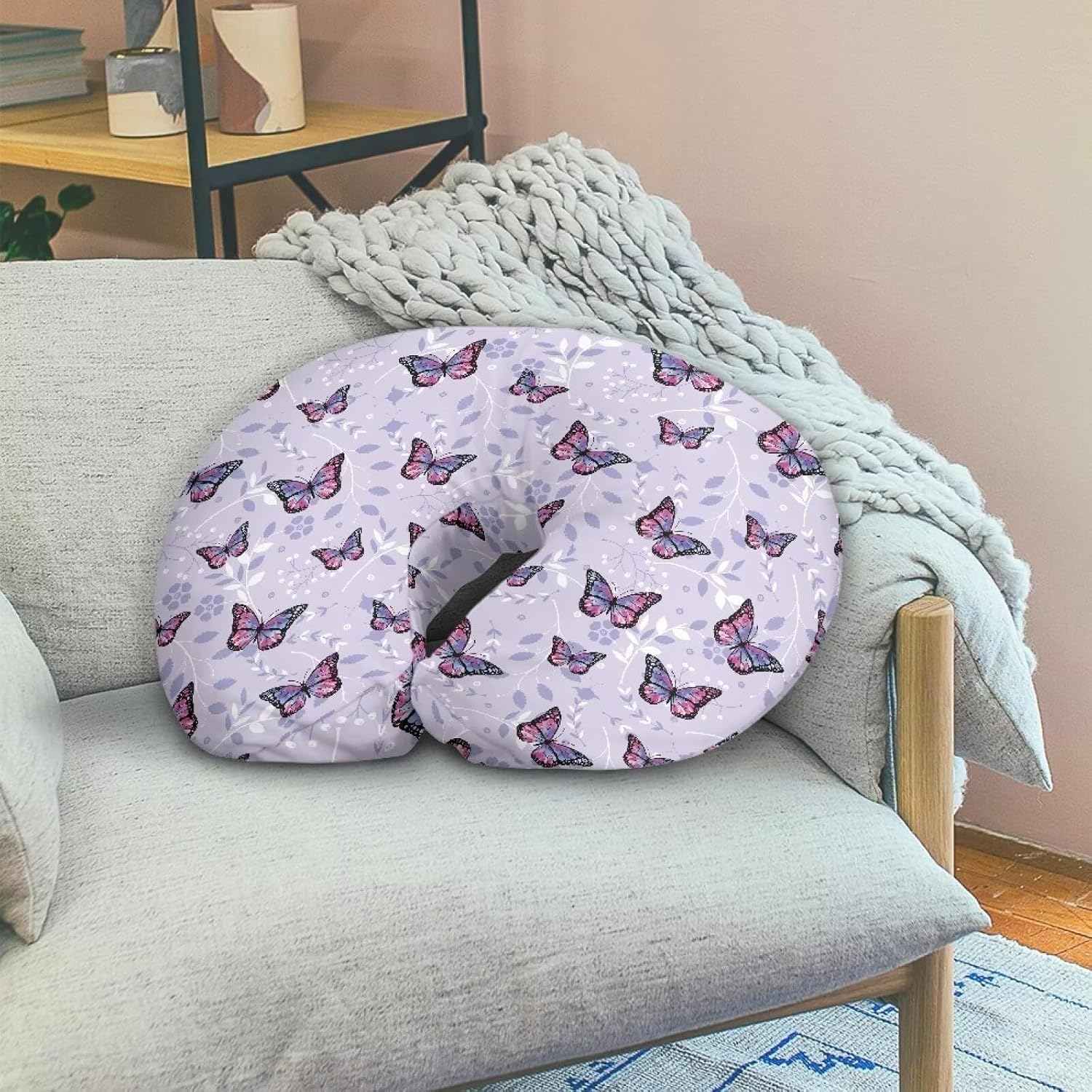 Neutral Breastfeeding Pillow Cover Butterfly Print Nursing Pillow Cover for Newborn Boys Girls, Breathable Soft Baby Nursery Pillow Slipcover with Hidden Zipper Design