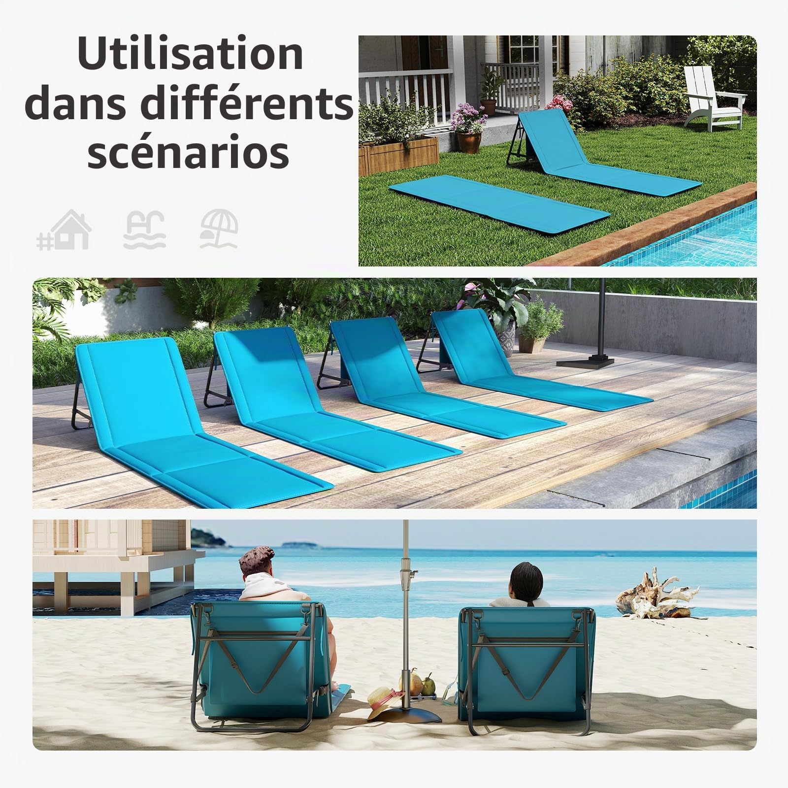 Amopatio Lot de 2 Tapis de Plage avec Dossier Réglable et Sangle – Chaise de Plage Pliable pour Plage, Jardin, Camping et Terrasse, Bleu