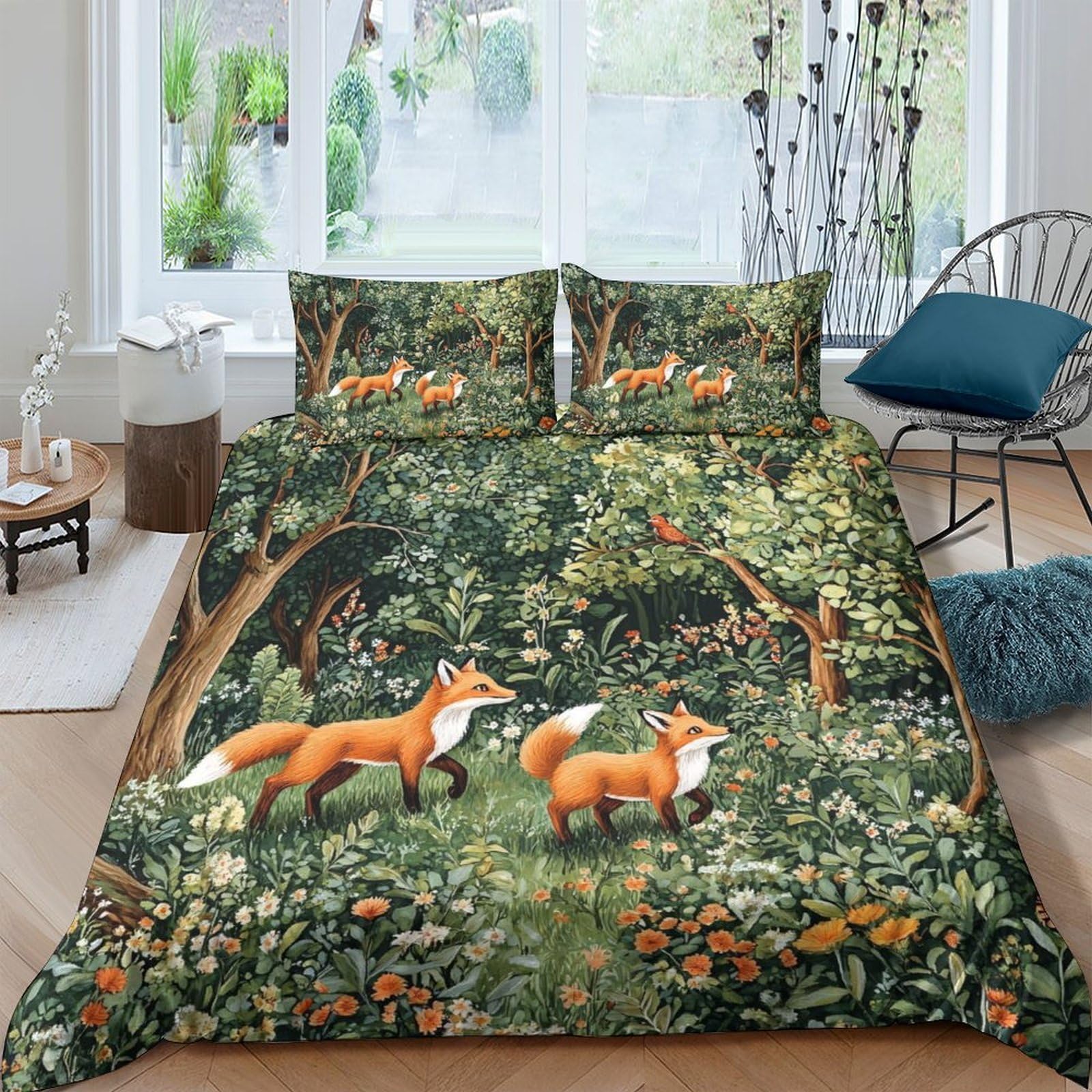 Ctjqhvkz Style-4 3D Printed Forest Foxes Fitted Sheet Microfiber Anti-Slip Easy Care Woodland Bed Cover For Bedroom Dorm Decor Single（135X200cm）