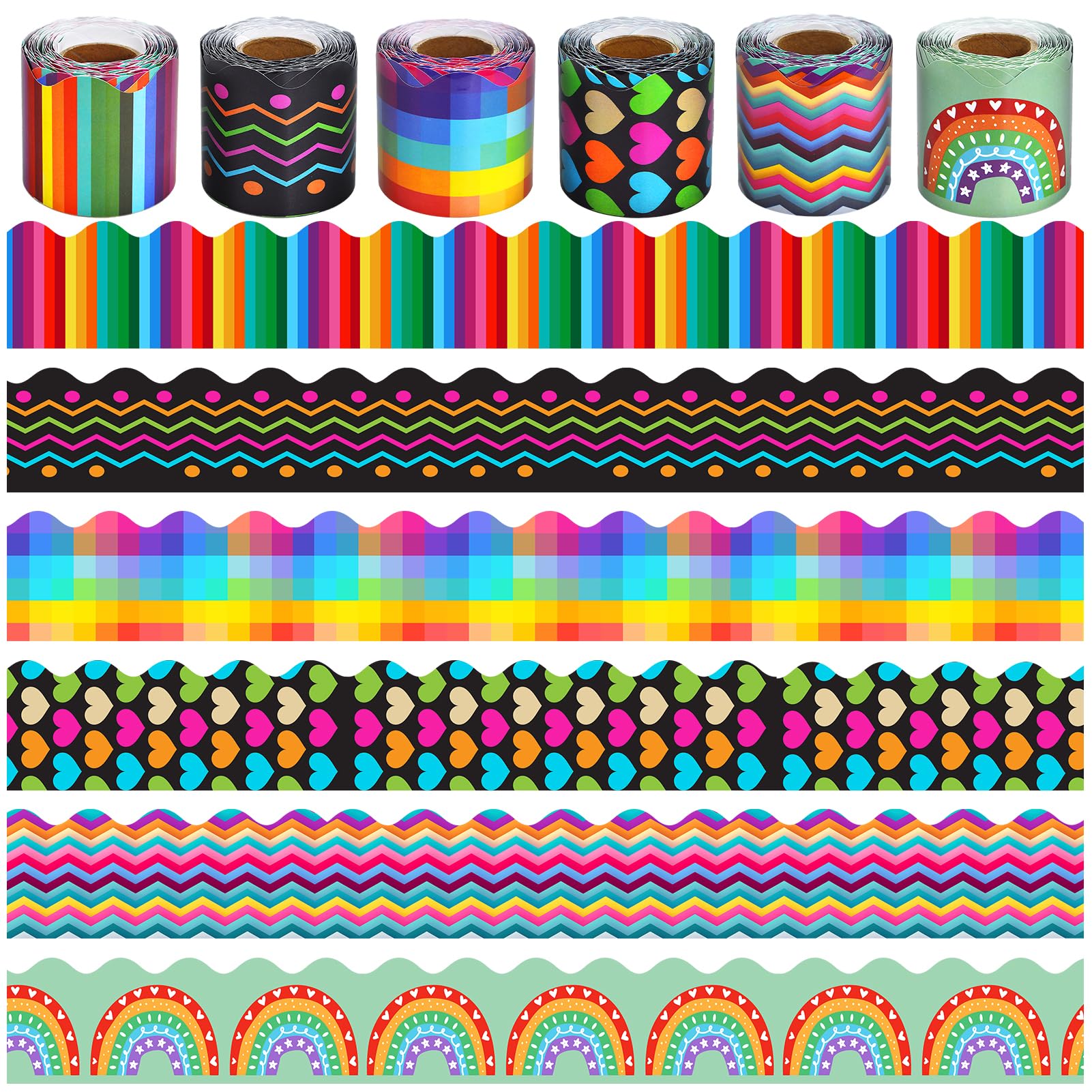 6 Rolls 196.8 Ft Decorative Rainbow Bulletin Board Borders Set – Colorful Classroom Trim - Rainbow Theme for Teachers, Schools & Office Decor -Perfect for Birthday, Back to School Theme