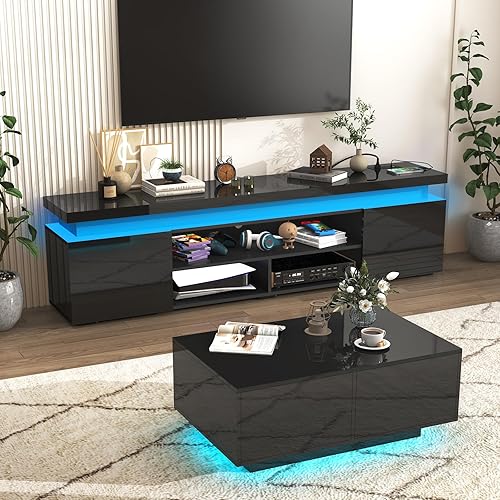Miniatura 7 de Soporte de TV LED para TV de 85 pulgadas, moderno soporte de TV para juegos con toma de corriente, consola de TV de alto brillo con almacenamiento
