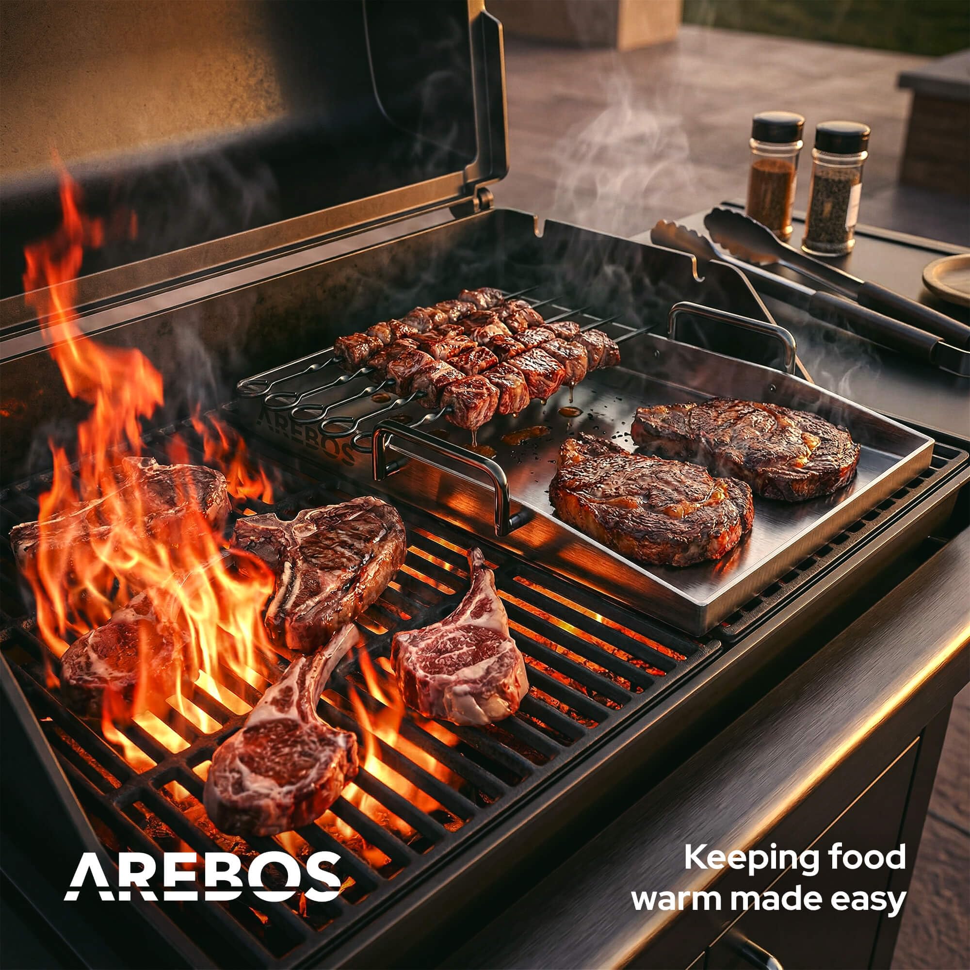 Arebos Płyta Grillowa ze Stali Nierdzewnej 40x30 cm | Plancha do Grilla Gazowego i BBQ | Grubość 4 mm | Odporna do 800°C | Odpływ Tłuszczu | 2 Szpatułki i 5 Szaszłyków w Zestawie
