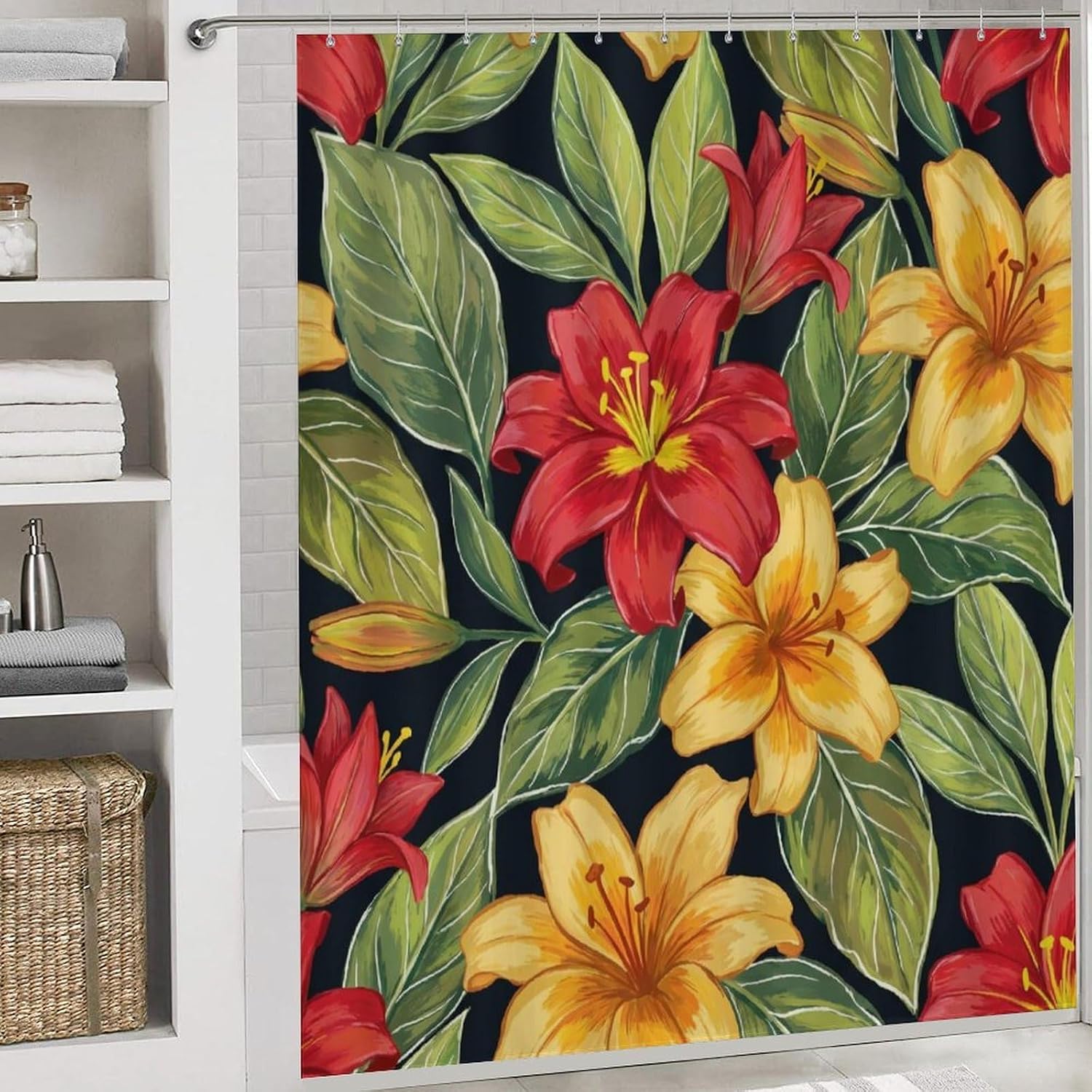 4Pcs Bathroom Sets with Toilet Rugs Botanical Floral Red Yellow Green Waterproof Bathroom Decor Sets with 12 Hooks Modern Holiday Decor Gift image 5