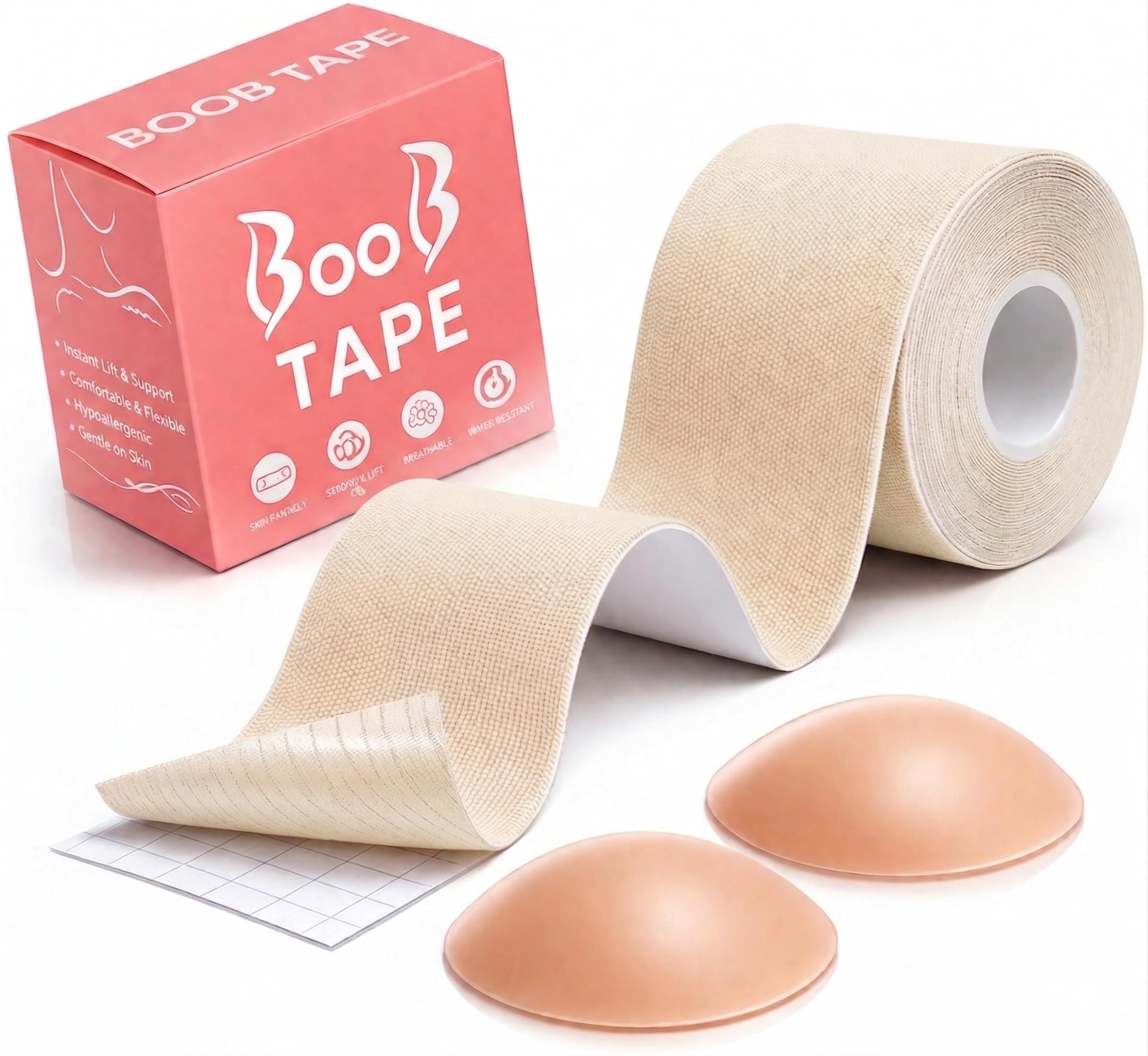 INTELLIGRON Boob Tape, Bob Tape for Large Breasts, Self-Adhesive Strapless Boobtapes with 2 Pcs Nipple Covers, 5M Stretchable Longer Roll, Perfect to Stick on Bra, Kinesiology Tape Beige