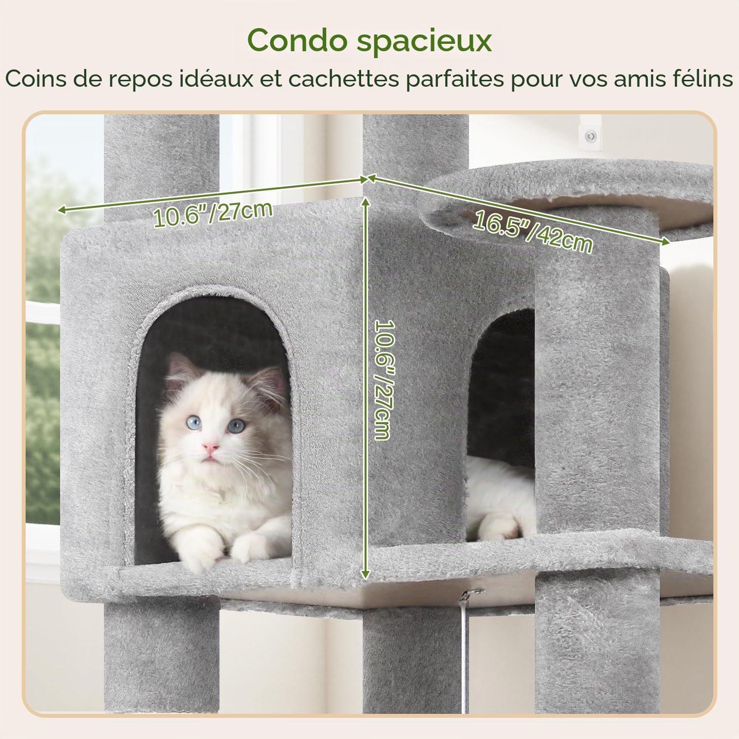 Globlazer Arbre a Chat pour Grand Chats Hauteur 165cm avec 2 Grandes Plateforme Rembourré 48*42CM, Extrlarge Hamac, Niche, Perchoir, Stable Arbre à Chat avec Soutien pour Chats Adult (S65, Gris Clair)