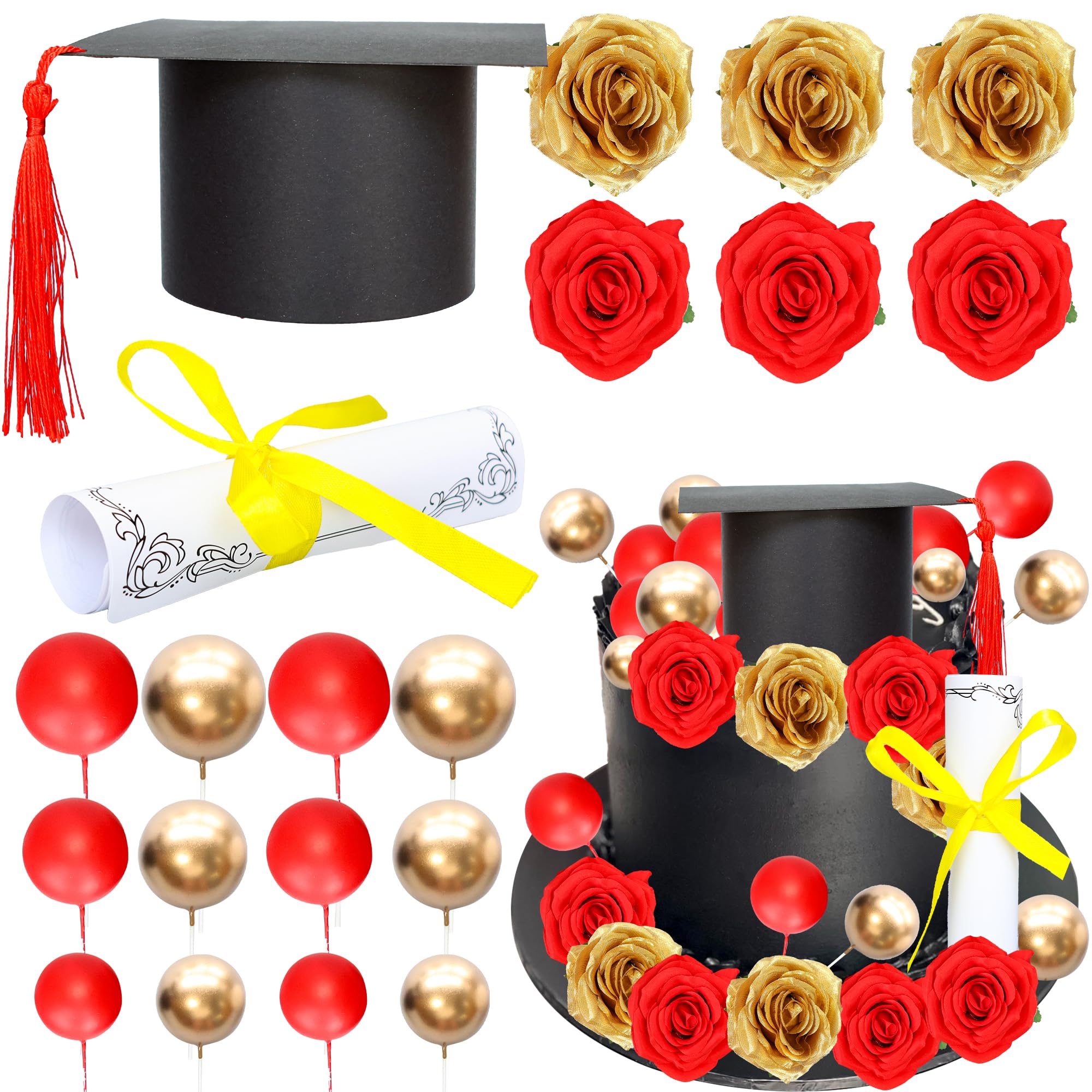 Gyufise 40Pcs 2025 Graduation Cake Topper Decoration Diploma Done Diploma Grad Cap Cake Pick Balloon Flower Prom 2025 Cake Decorations for Class of 2025 Congrats Grad Party Supplies Red Gold