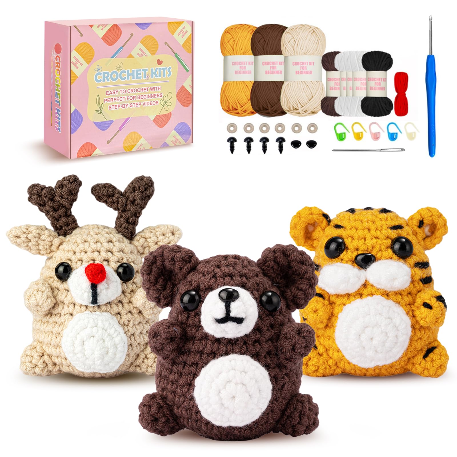 Crochet Kit for Beginners,Amigurumi Animal Kit Starter Step-by-Step Video Tutorials, Animal Crocheting Kits- Tiger,Reindeer,Bear