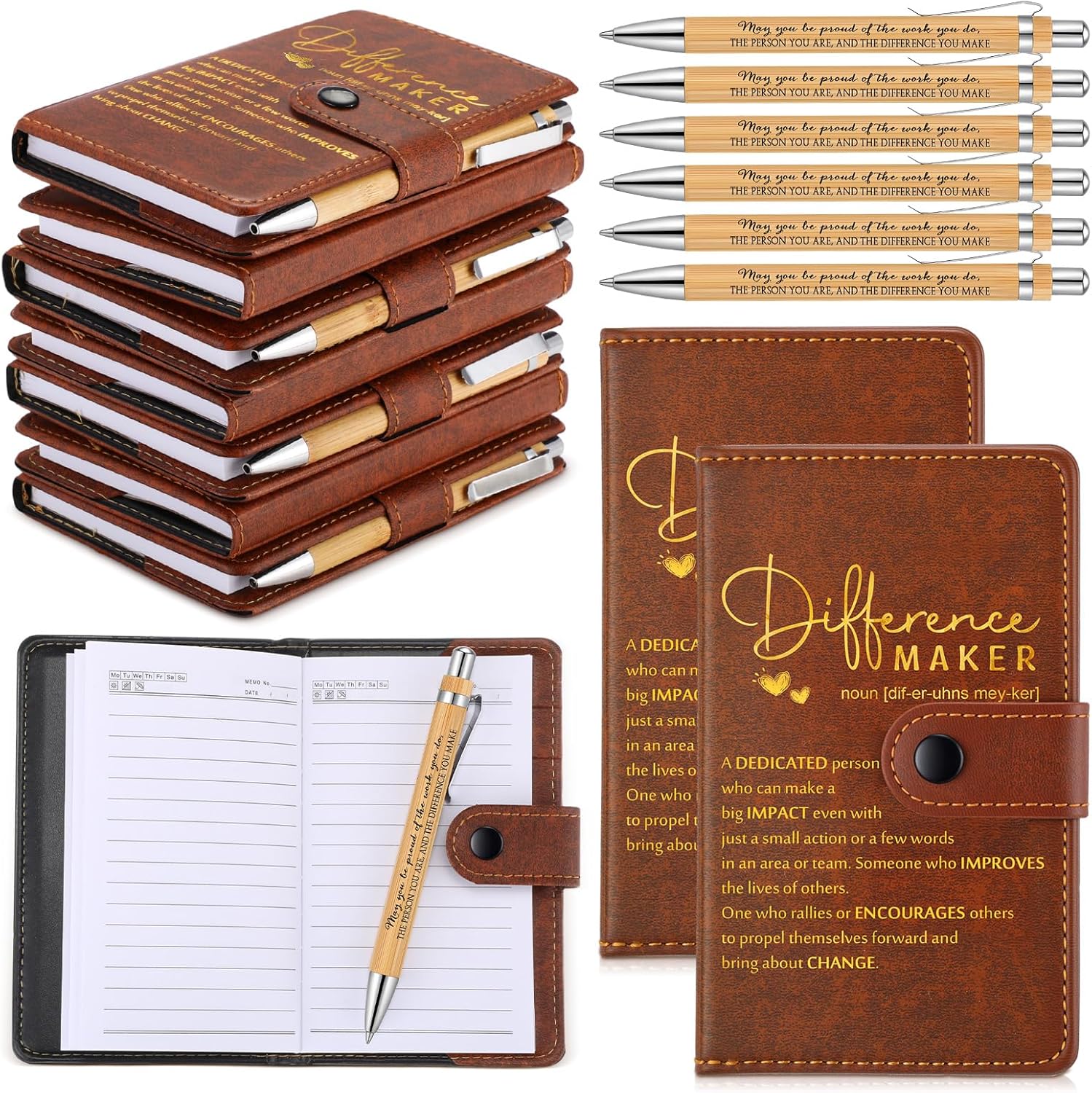 Marspark 10 Sets Difference Maker Employee Appreciation Gifts Inspirational A5 Leather Notebooks with Pens Thank You Motivational Gifts for Men Women Volunteers Teacher (Brown)