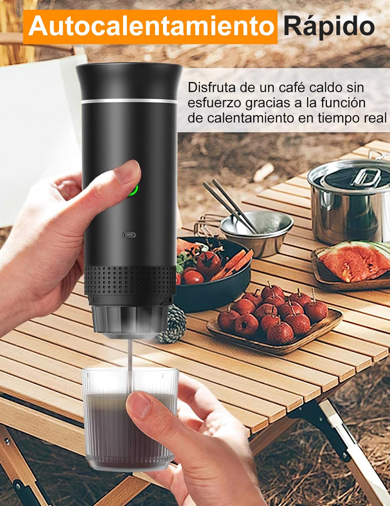 Cafetera Portátil, Cafetera Eléctrica Espresso con Autocalentamiento | 2 en 1 Compatible con Café Molido y Cápsulas de Café para Acampar, Hacer Senderismo y Viajar