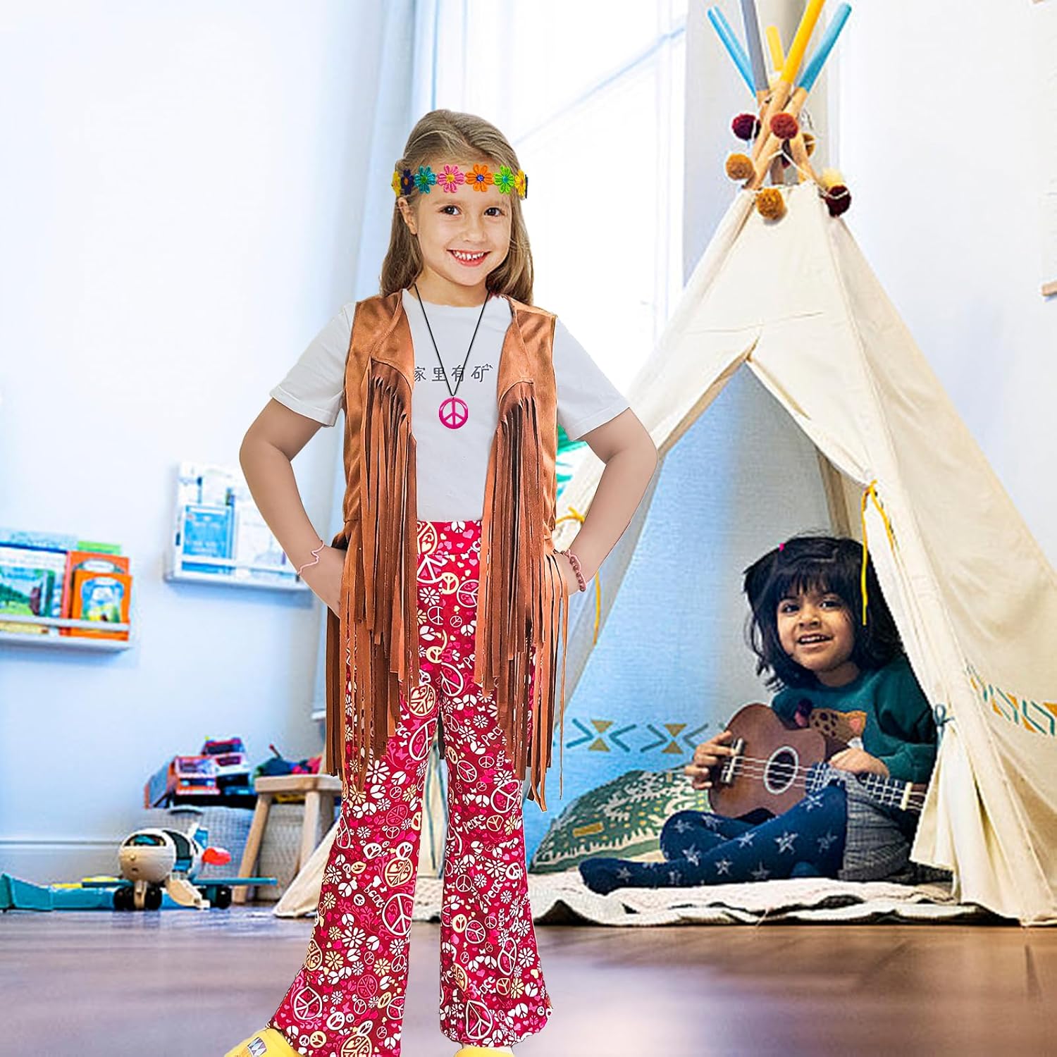 8 Pcs Girls Kids 60s 70s Hippie Costume Disco Outfits Fringe Vest Boho Bell Bottoms Hippie Outfits Accessories Set - Image 3