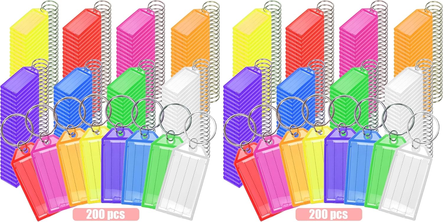 Yarlung 200 Pcs Plastic Key Tags, Key Label Window with Split Ring and Ruled Blank Label Paper, Name Tags Cover Key Chain Identifiers for Luggage, Backpack, 8 Colors (Pack of 2)