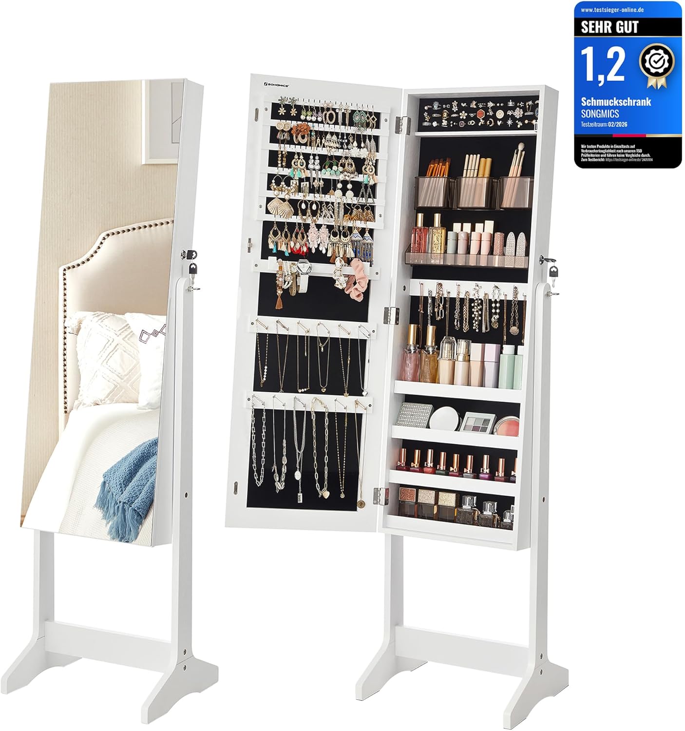 Songmics JJC002W01 Standing Mirror Cabinet with 2 Separate Makeup Organisers Frameless Full Body Mirror Lockable for Necklaces Earrings Makeup, White