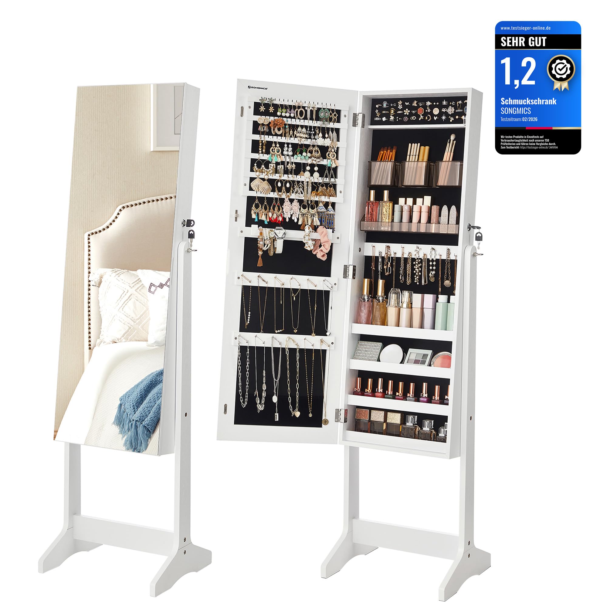 SONGMICS Schmuckschrank, Spiegelschrank stehend, mit 2 separaten Make-up Organizern, rahmenloser Ganzkörperspiegel, abschließbar, für Ketten, Ohrringe, Schminke, weiß JJC002W01