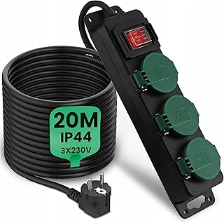 Verlängerungskabel 5m IP44 - Outdoor Verlängerungskabel Außen, 20M Stromkabel, Witterungsbeständiges Gummi, Mehrfachsteckdose, Robustes Extension Cord für den Außenbereich - Schwarz (8132)
