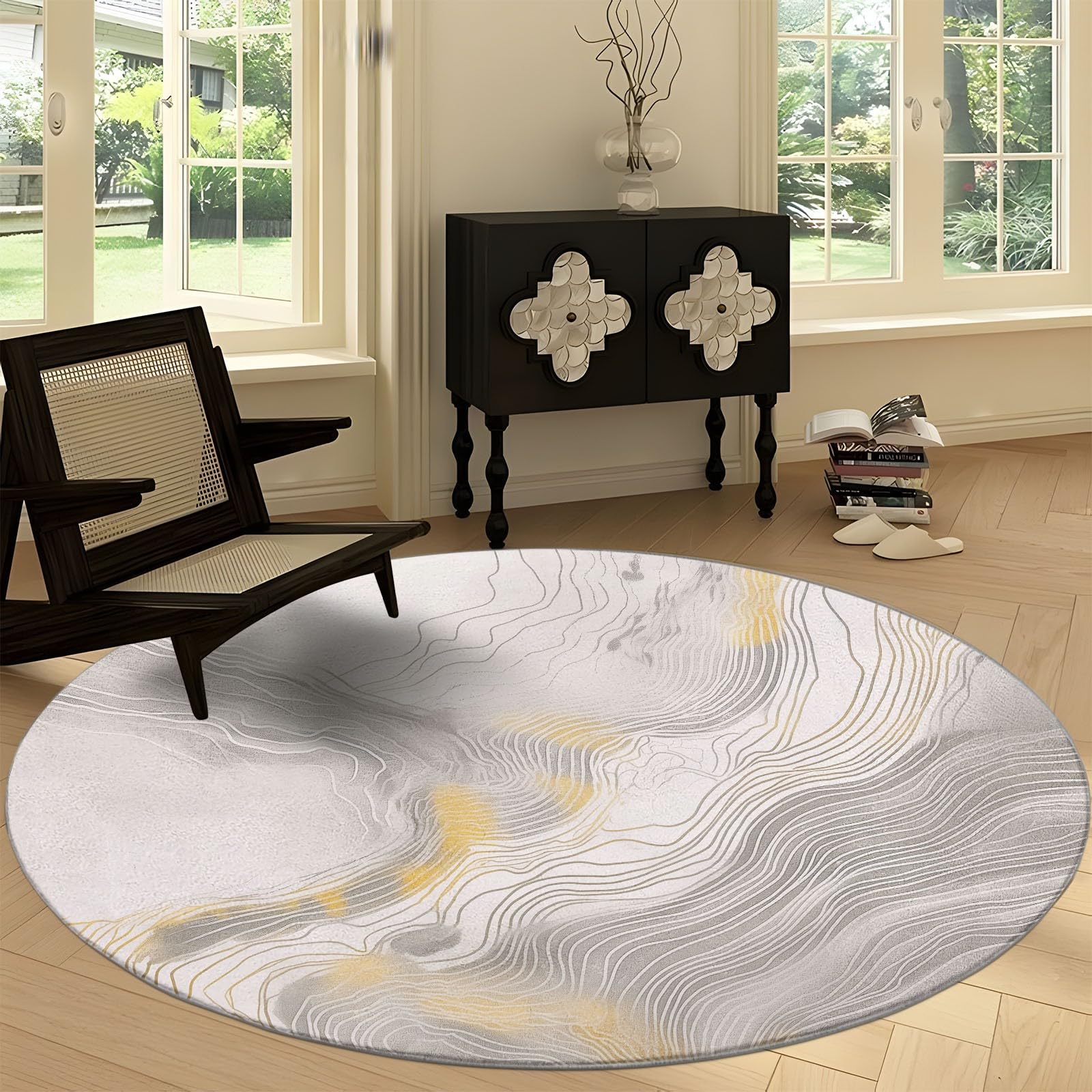 Tapis Ronds Lavables 120 cm, Marbre Texturé Doré Tapis Rond Antidérapant pour Salon, Surréalisme Rugs Rond à Poils Courts Doux pour sous Table à Manger