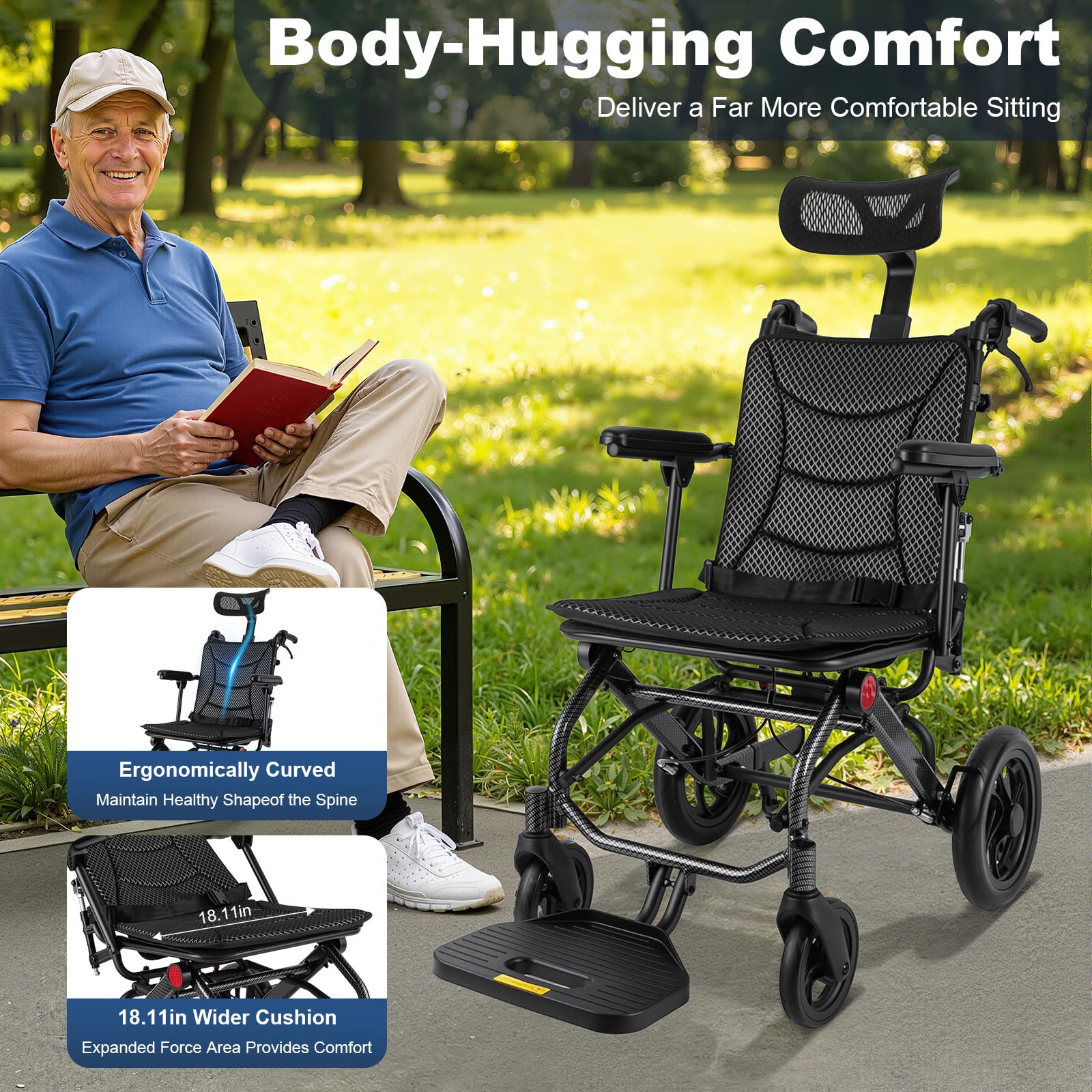 Silla de ruedas plegable reclinable de aluminio, capacidad de carga de 130 kg, respaldo ajustable de 90° a 175°, reposacabezas, reposabrazos de 360° para personas mayores