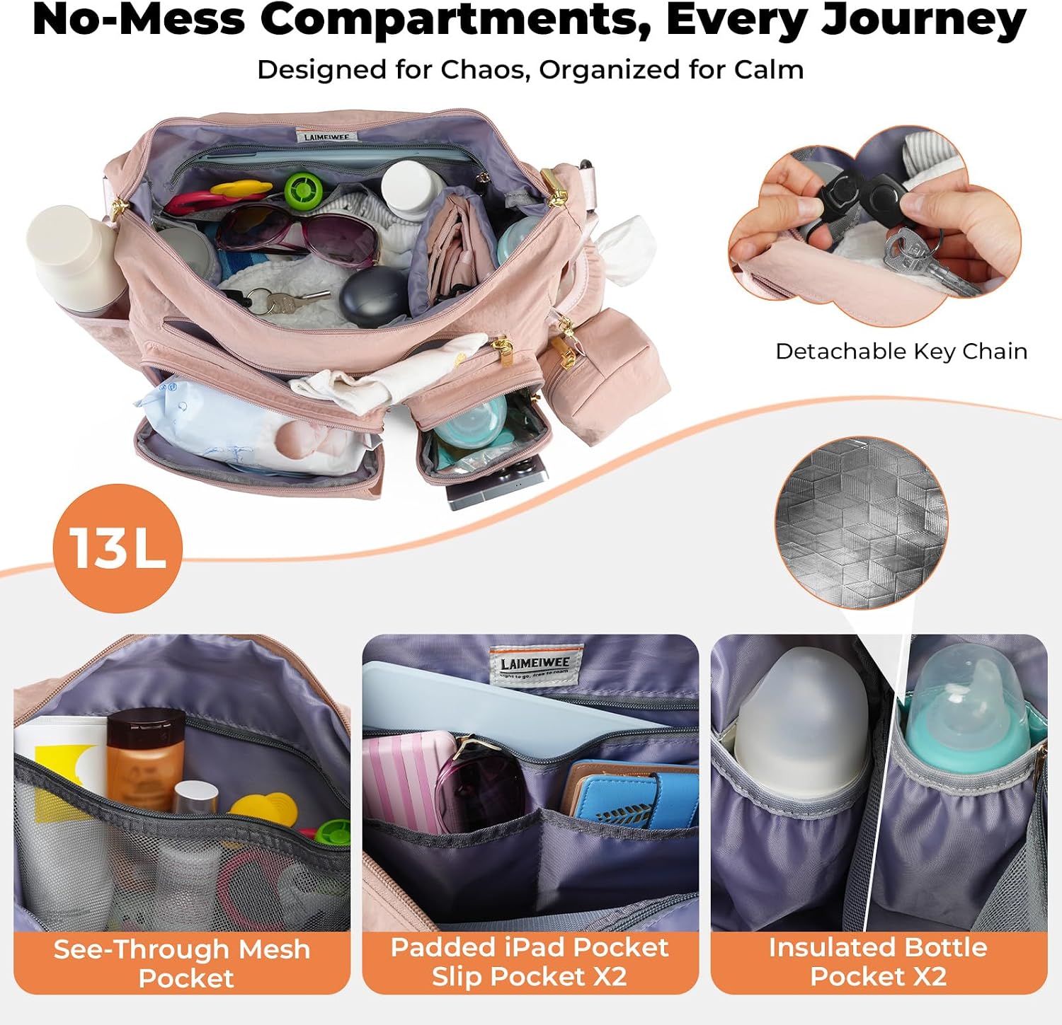 2-in-1 Puffy Diaper Bag, Crossbody Stroller Caddy & Mom Purse, 13L Lightweight Travel Duffle Bag for Baby, Work Commute,Gym,Labor Delivery (Apricot pink)