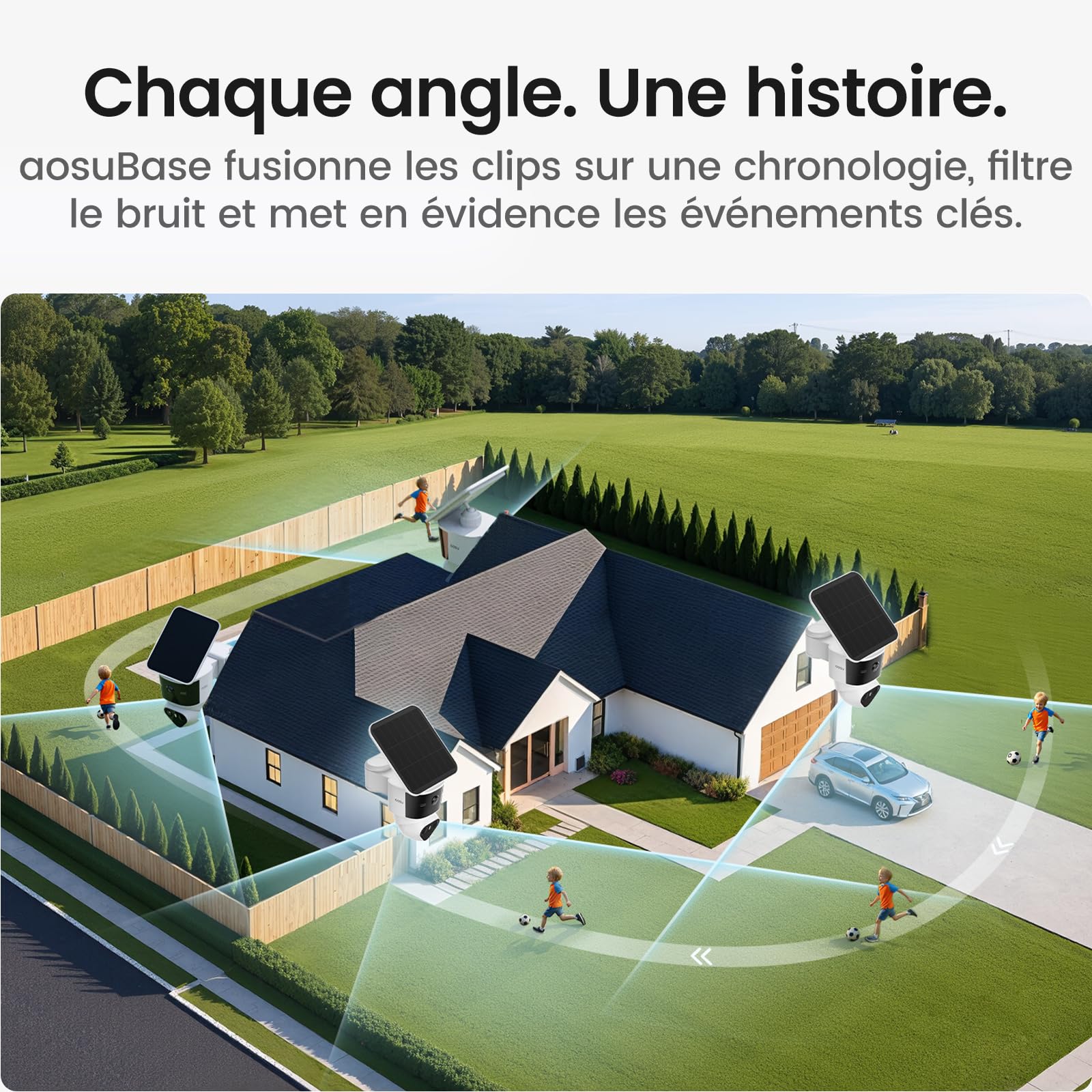 aosu T2 Pro 3K Caméra de sécurité extérieure Solaire sans Fil Kit 2 Caméras | Double Objectif 3K, Angle Mort Éliminé, 170°+360° PTZ, IA, Zoom 8x, Stockage 1To Extensible, Idéal Pour Maison Et Jardin