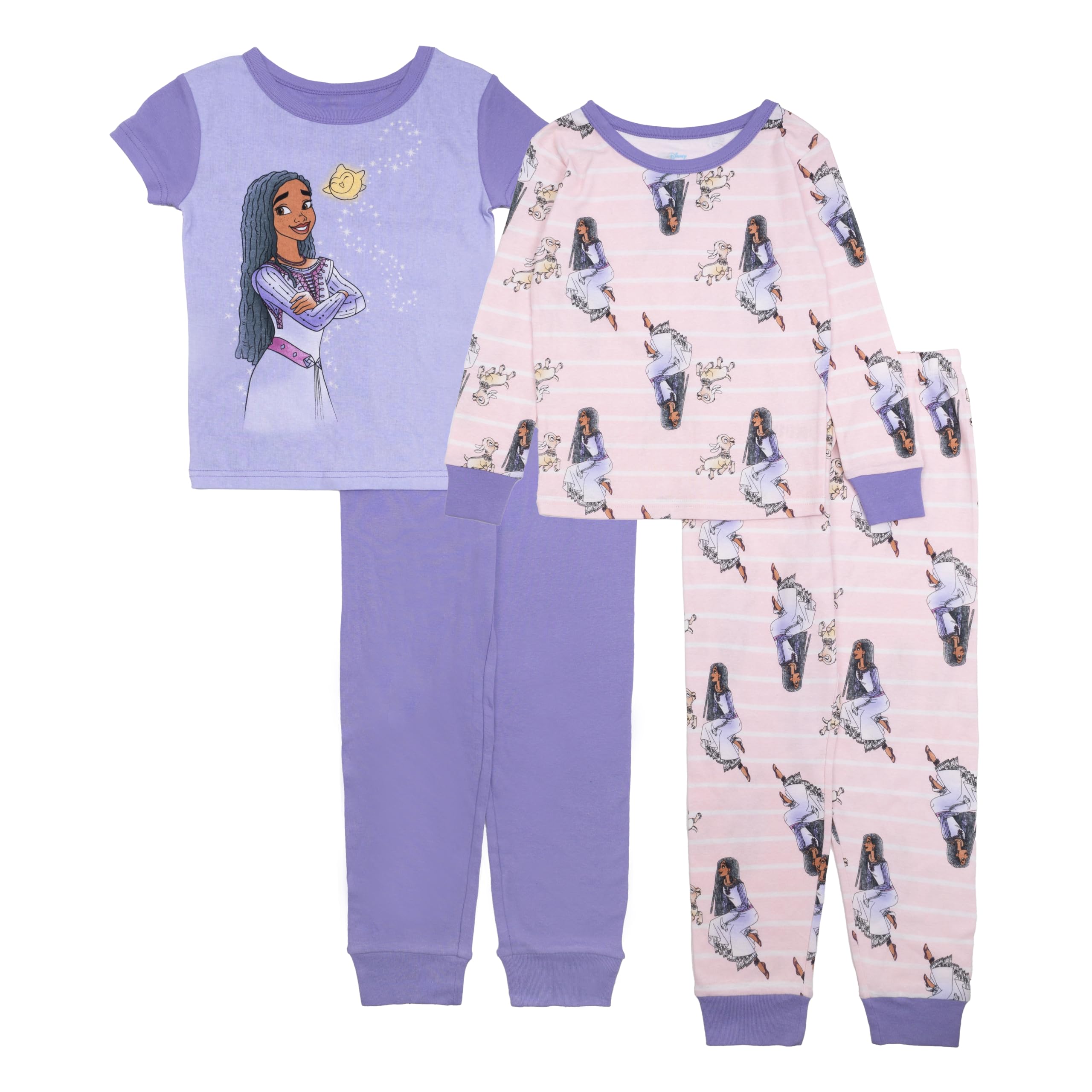 Disney Girls' 4-Piece Snug-fit Cotton Pajama Set, Soft & Cute for Kids
