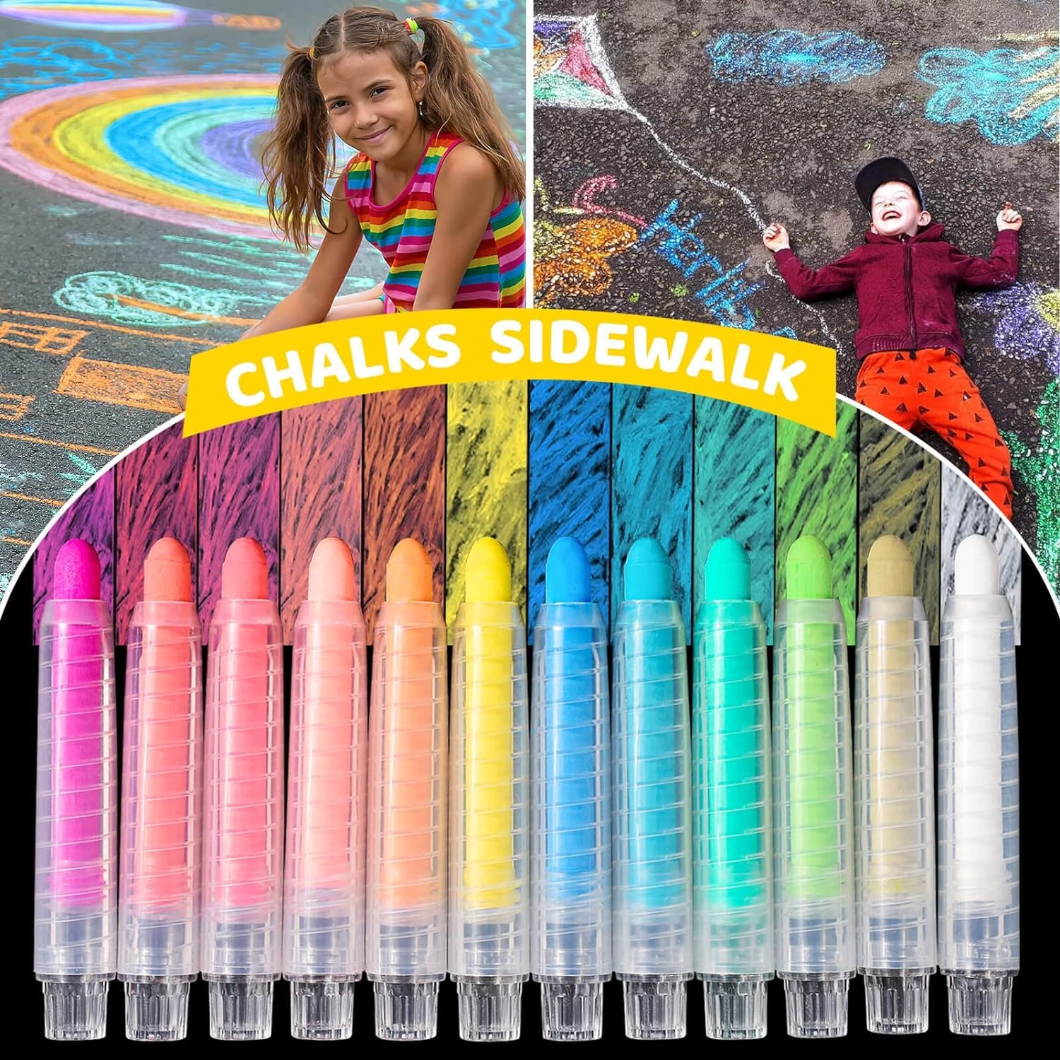 FUSONGQINTANG 12 Pièces Sans Poussière Craies de Couleur Craie Lavable Hydrosoluble Craies Extérieures Enfant avec Porte-Craie Rétractile pour Tableau Noir et Blanc