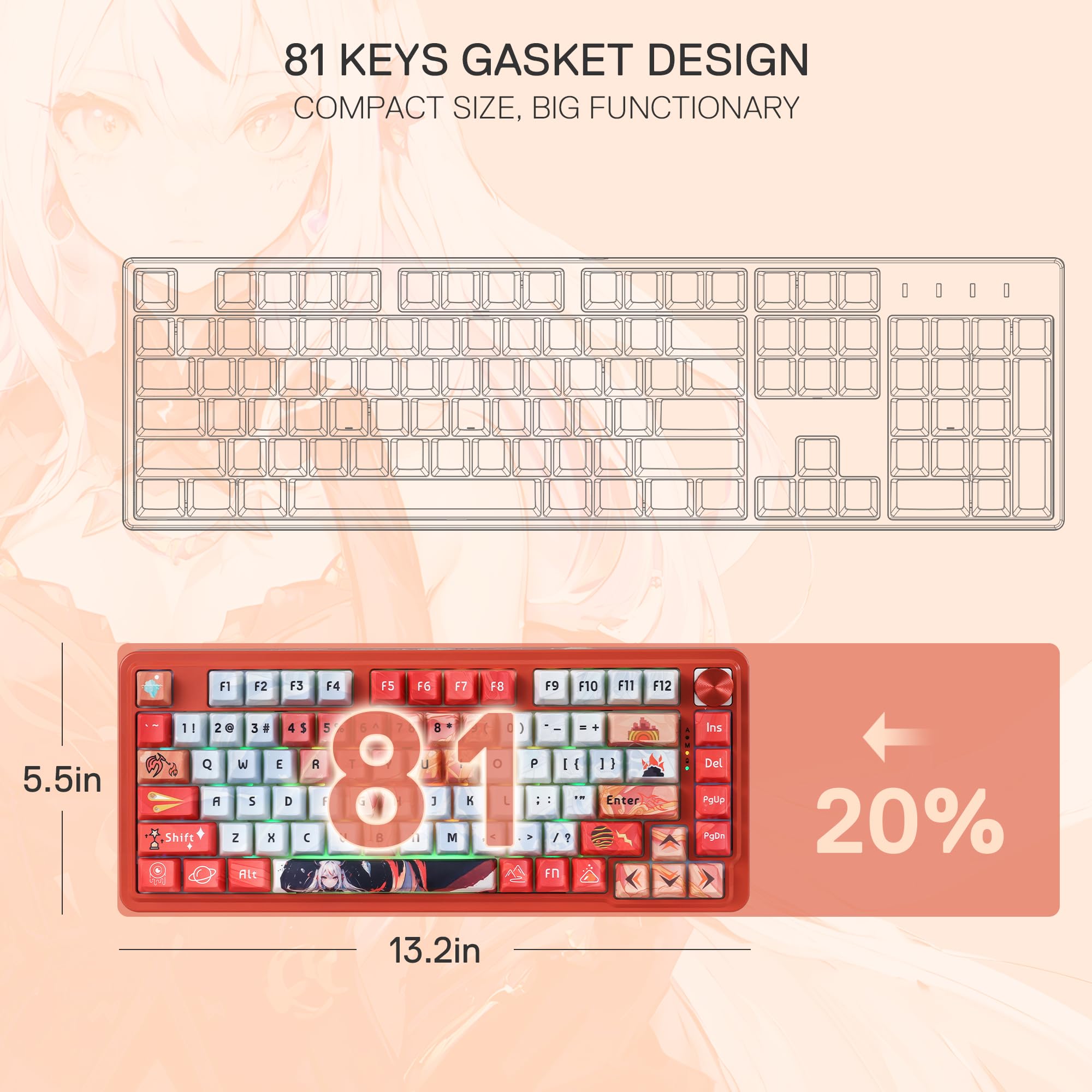 Redragon K673 Pro SE Teclado Gasket RGB 75% 81 Teclas 3 Modos Anime | US Layout Teclado Mecánico Hot Swap 5 Capas Amortiguación Ruido Diseño Anime Iluminación RGB