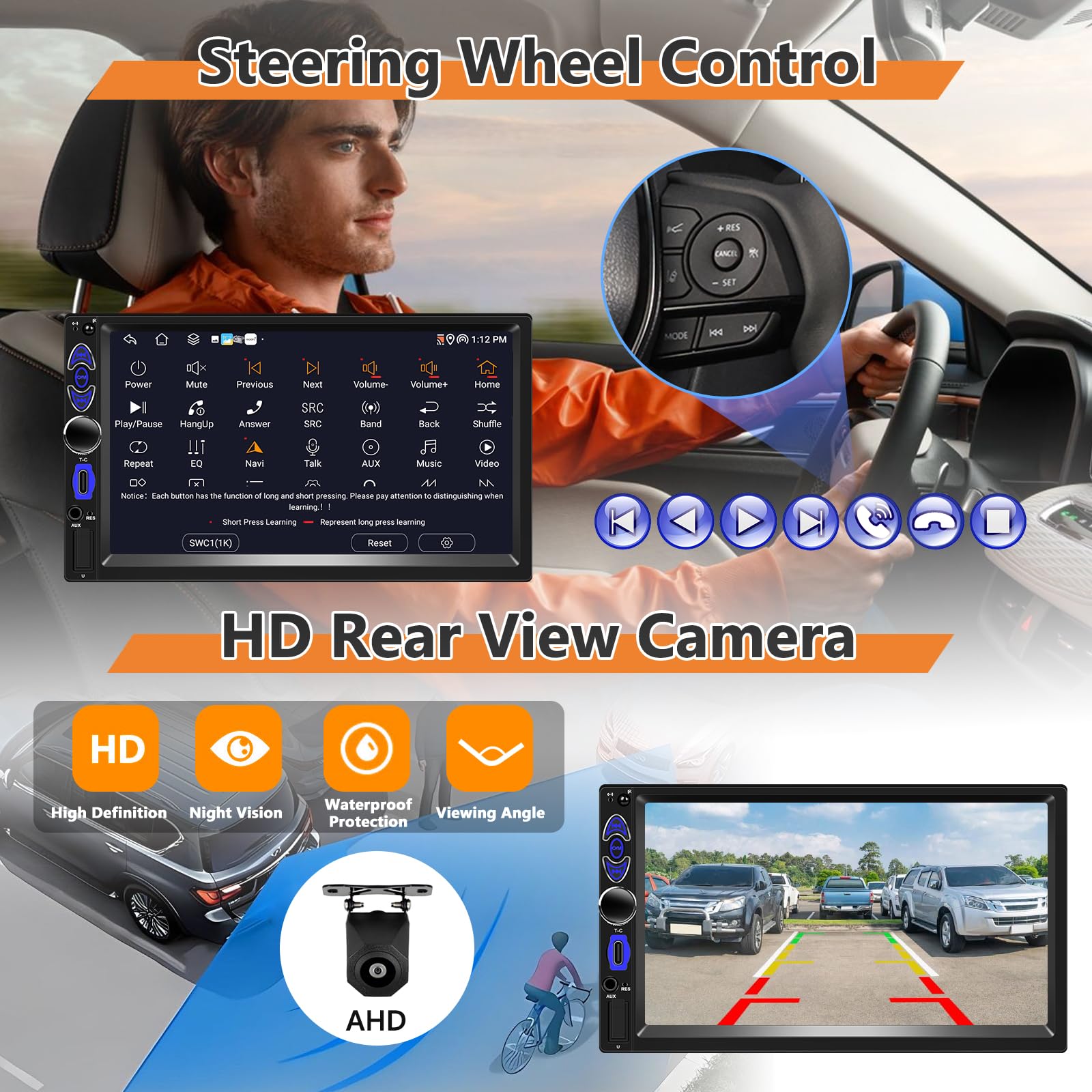 Double Din avec CarPlay/Android Auto sans Fil, 4+64 Go, 2 din, écran Tactile Android 7 Pouces, Navigation GPS, Bluetooth, FM/AM/RDS, WiFi, écran partagé + caméra de recul