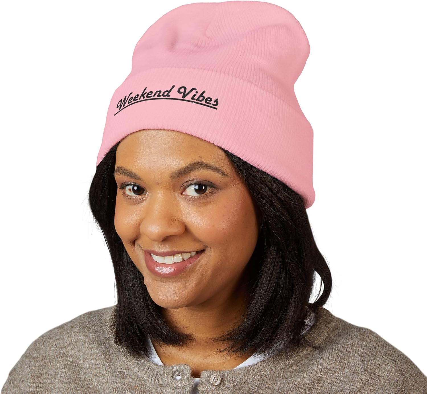 Premium Classic Cuffed Beanie Hat - 'Weekend Vibes' Embroidered Message