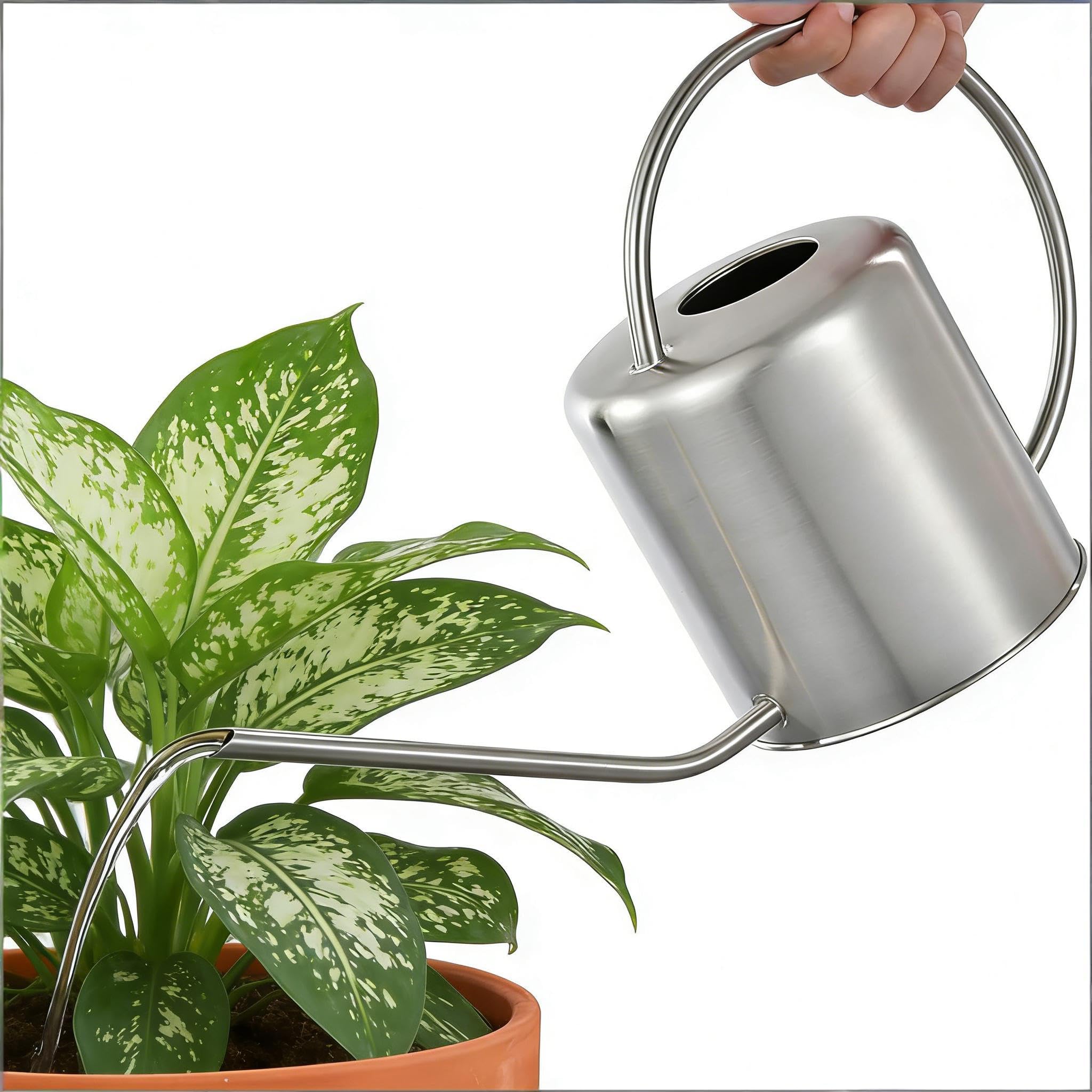 Fasmov 1,5 Liters Edelstahl Gießkanne Metall Blumengießkanne Klein Gartengießkanne mit langem Auslauf für Büro Garten Zimmer Drinnen und Draußen