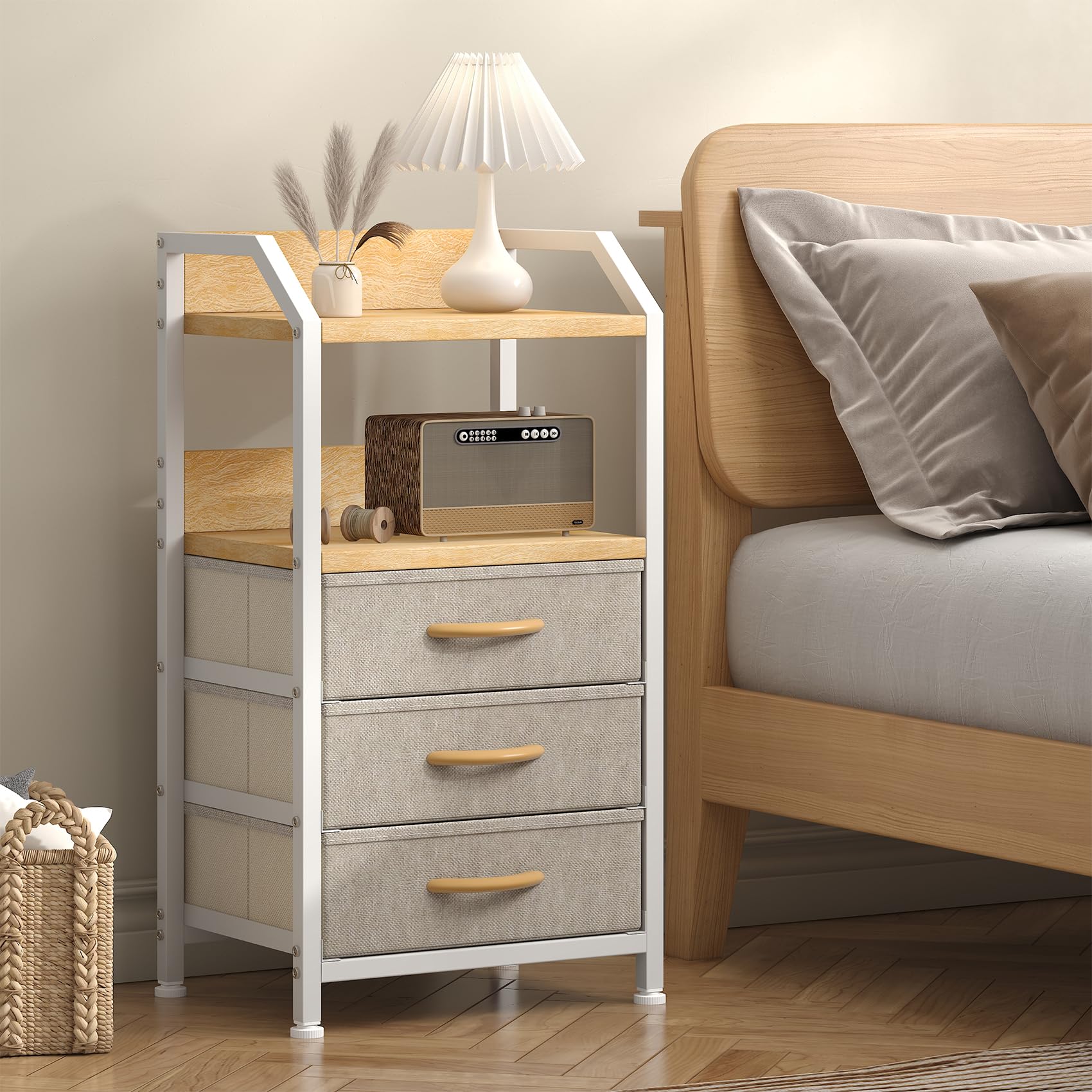 Feonase Bedside Table with 3 Fabric Drawers and Open Shelf, Nightstand for Bedroom, Living Room, Small Spaces – Metal Frame & Wooden Top, Compact Sofa End Table with Storage for Home Décor, Khaki