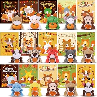 15 Sets Thanksgiving Mini Stuffed Animals with Cards Fall Mini Soft Plush Toy with Pumpkin Maple Leaf Gift Set for Thanksgiving Party Favors Goodie Bag Classroom Prizes Gifts