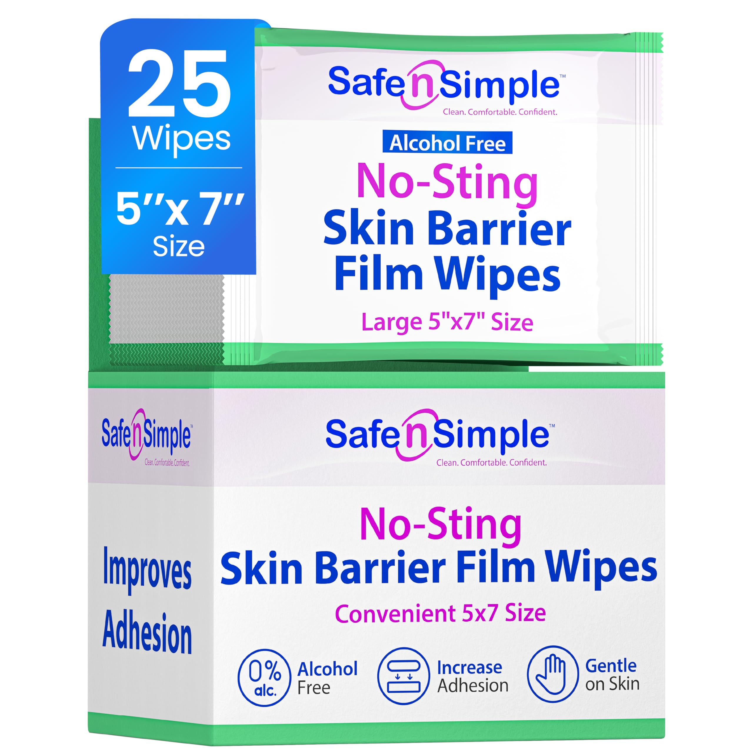 Safe n' Simple Skin Barrier Wipes - 25 Large 5” x 7” Individually Wrapped No-Sting Barrier Film - Skin Prep Protective Wipes - Medical Bandage Barrier Film for Skin