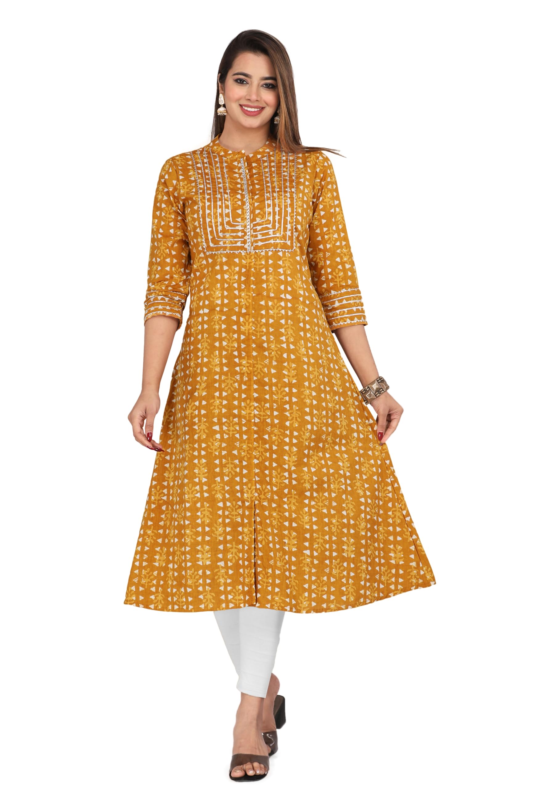 KANNAHI Women Pure Cotton Ethnic Motif Print A-line Straight Kurta Jaipuri Sanganeri Printed 3/4 Sleeve Kurti for Casual Party & Festival Wear for Girls & Womens