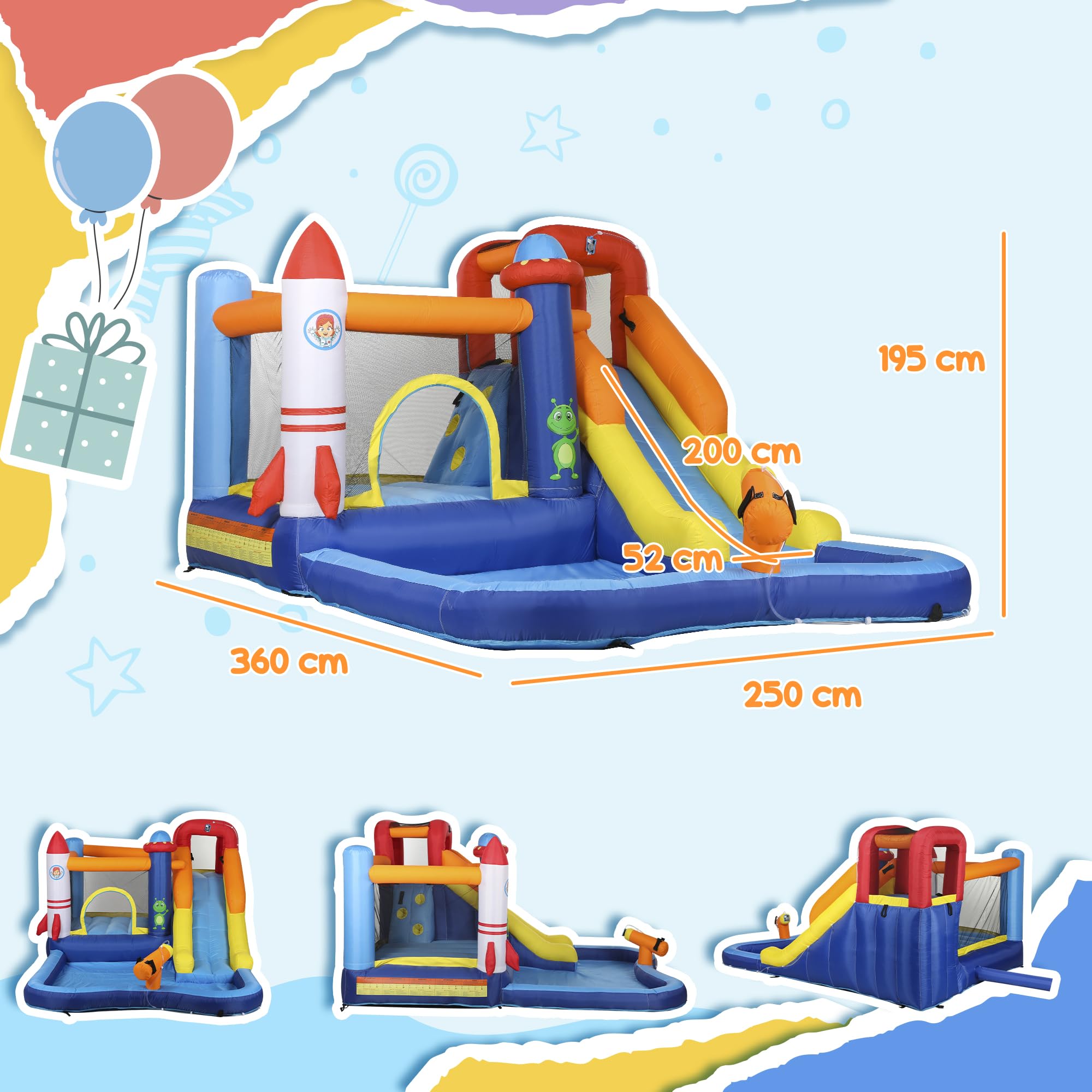 AIYAPLAY Hüpfburg mit Gebläse, Aufblasbare Wasserpark mit Rutsche, Planschbecken, Kletterwand, Sprung, Wasserkanone, Tragetasche Wasserspielcenter für Kinder 3-8 Jahren, 360 x 250 x 195 cm