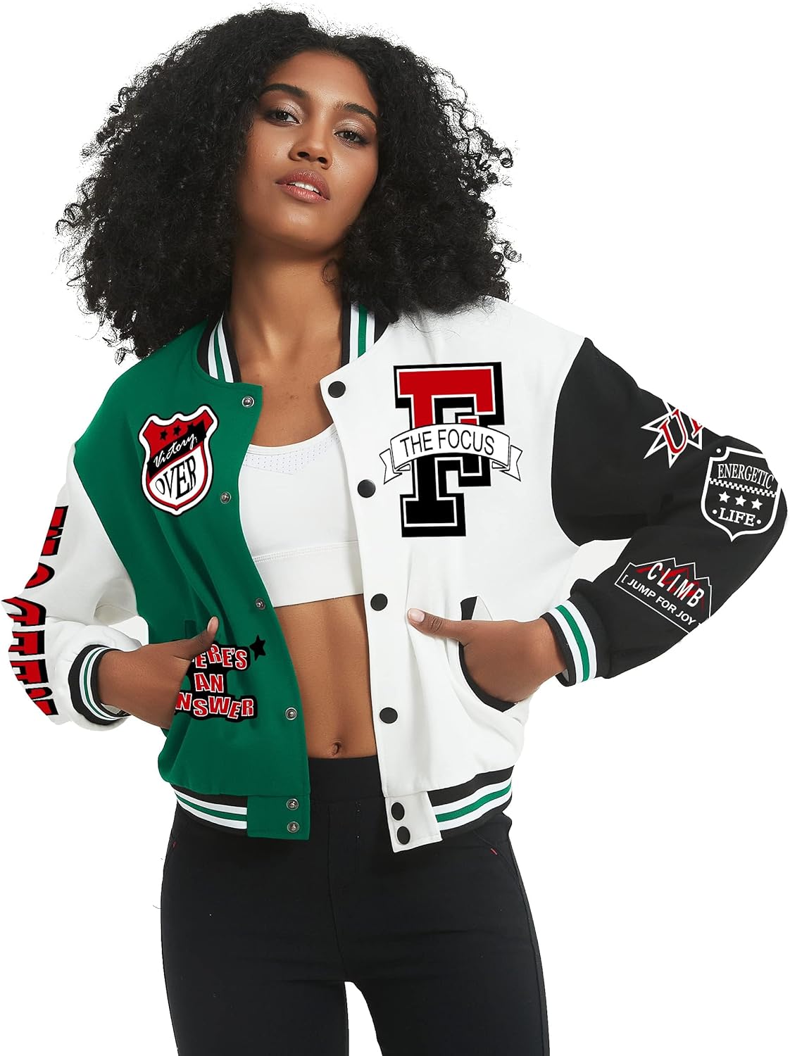 Flygo Women's Cropped Varsity Jacket Baseball Jacket Colorblock Letter Print Y2k Button Down Bomber Uniform - Image 3