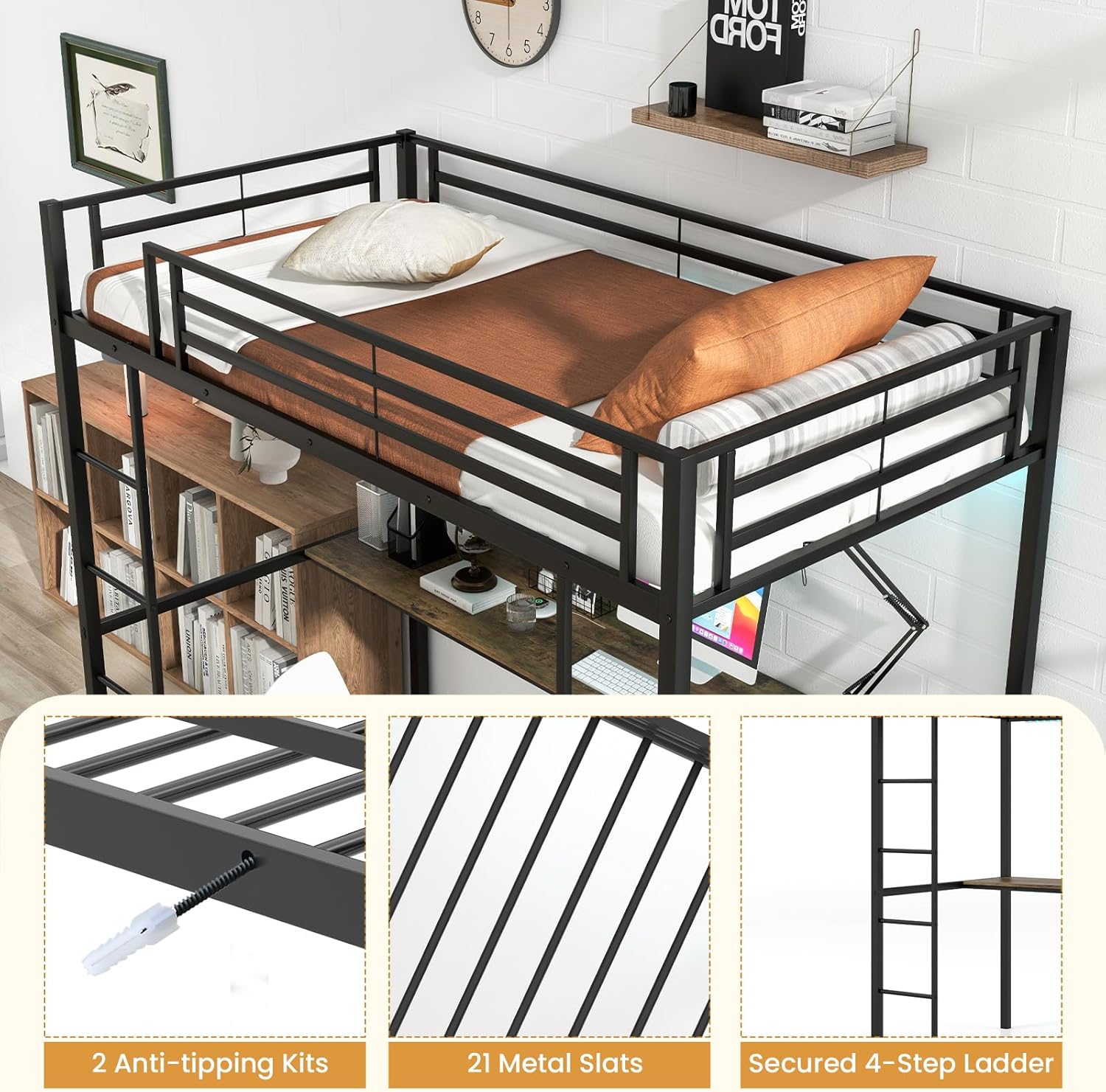 Giantex Twin Size Loft Bed with L-Shape Desk, LED Lights, Charging Station & 2 Storage Shelves, Metal Loft Bed with Safety Guardrail, No Box Spring Needed