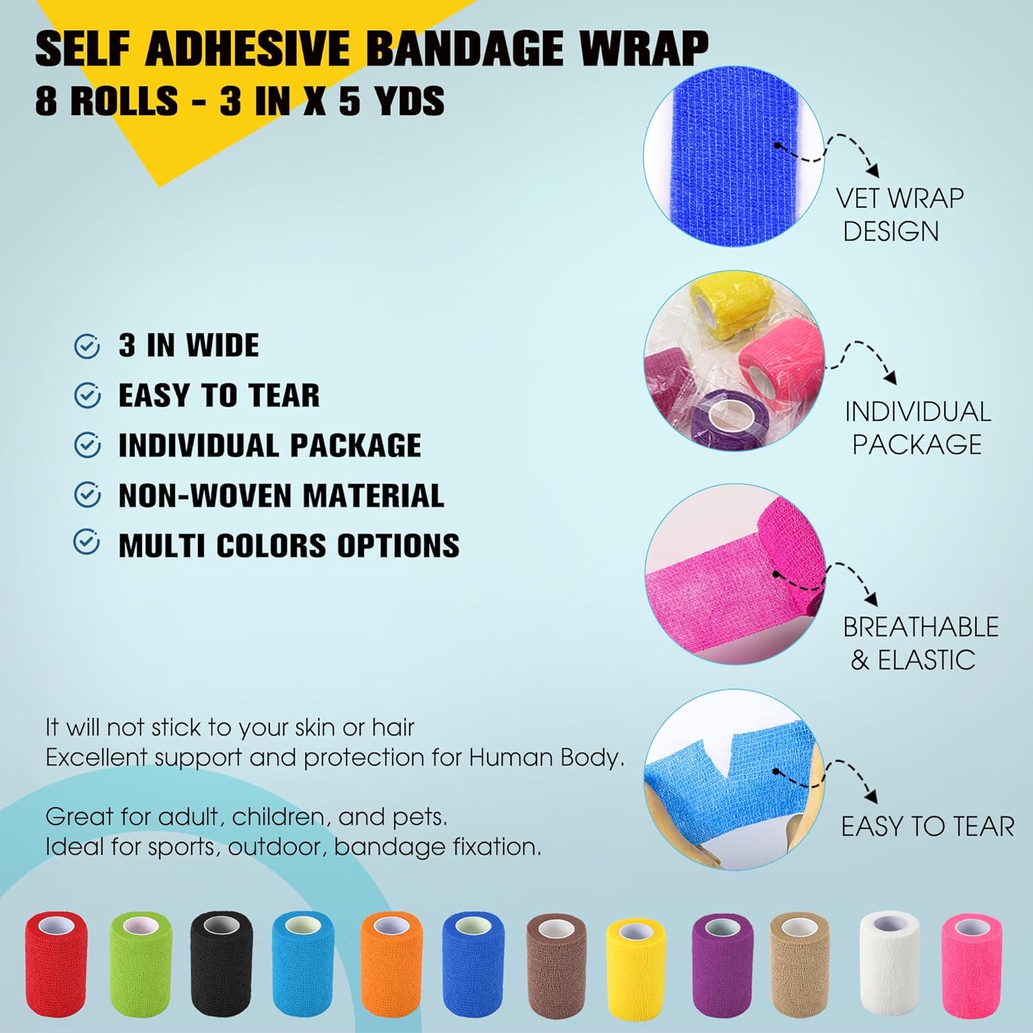 8 Pack Self Adhesive Bandage Wrap, 3 in x 5 Yards Non-Woven Self Adherent Cohesive Bandage, Vet Wrap Wound Tape for Thumb Finger Wrist Knee Ankle, Red - Image 2