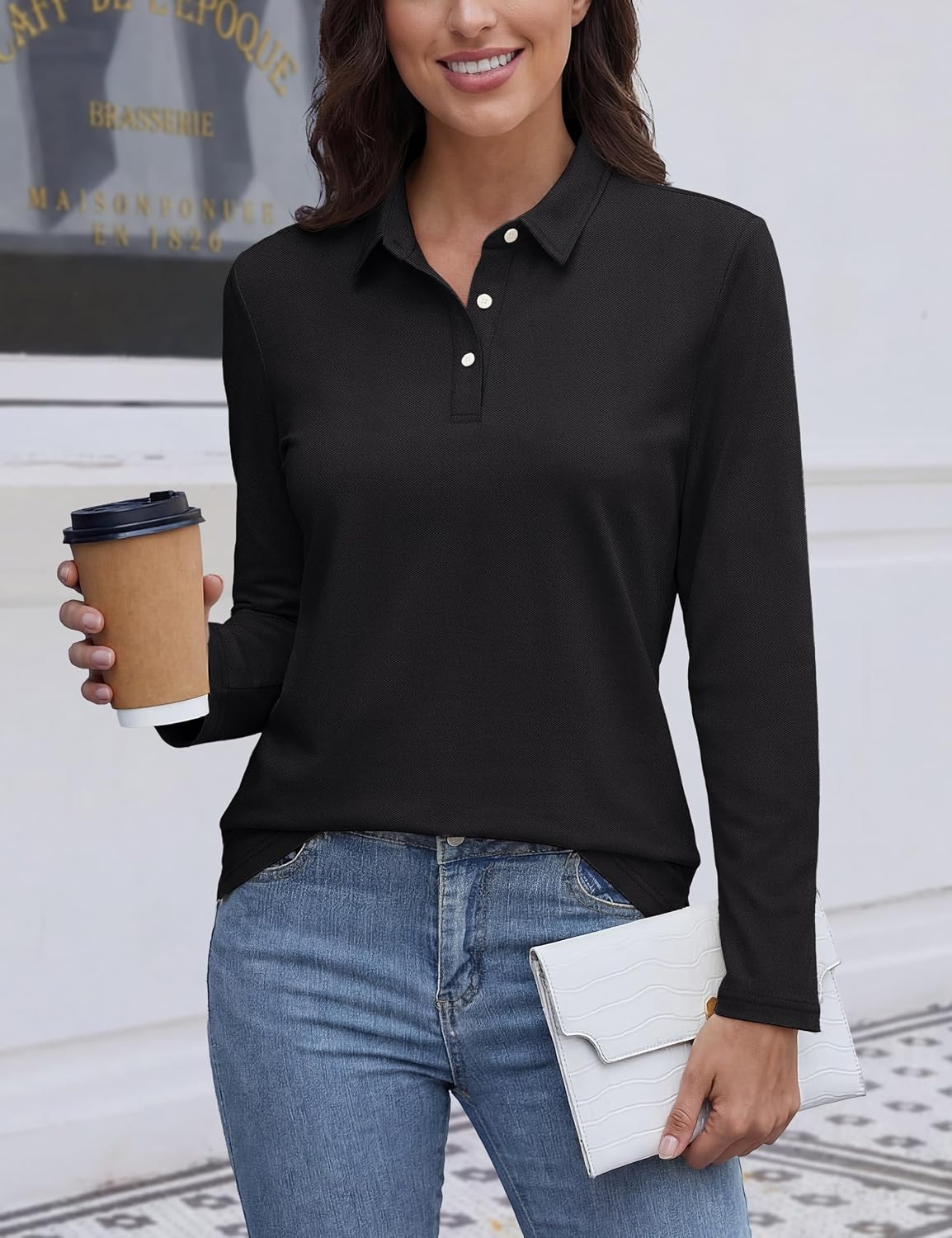 YUCOLEN Womens Polo Shirts Long Sleeve Casual Tops Collared Button Down Cotton Tee Work T Shirt