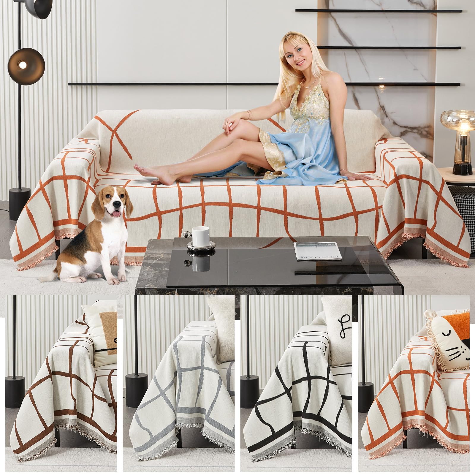 Chenille Grand Plaid et Couvre-lit Lavable Jete de Canape avec Franges Délicates Couverture Canapé d'Angle 180x150cm Protège Canape Orange Decor Intérieure